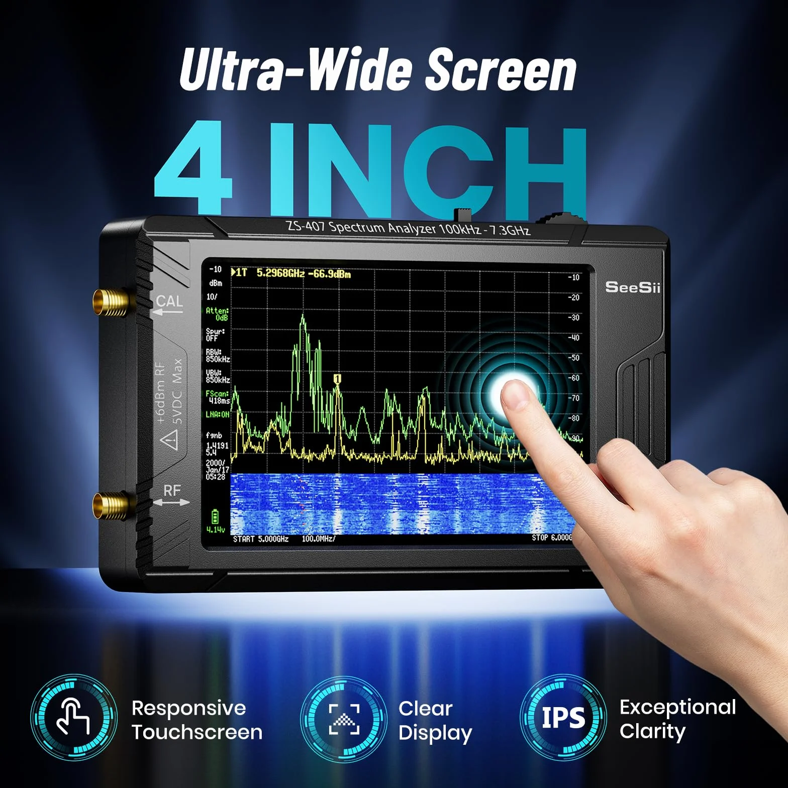 SeeSii TinySA Ultra+ ZS407 Analizador de Espectro 7,3 GHz: Versión 2025, Pantalla 4", HW V0.5.4, Portátil, Generador RF 2 en 1 100 kHz–900 MHz, Entrada MF/HF/VHF/UHF