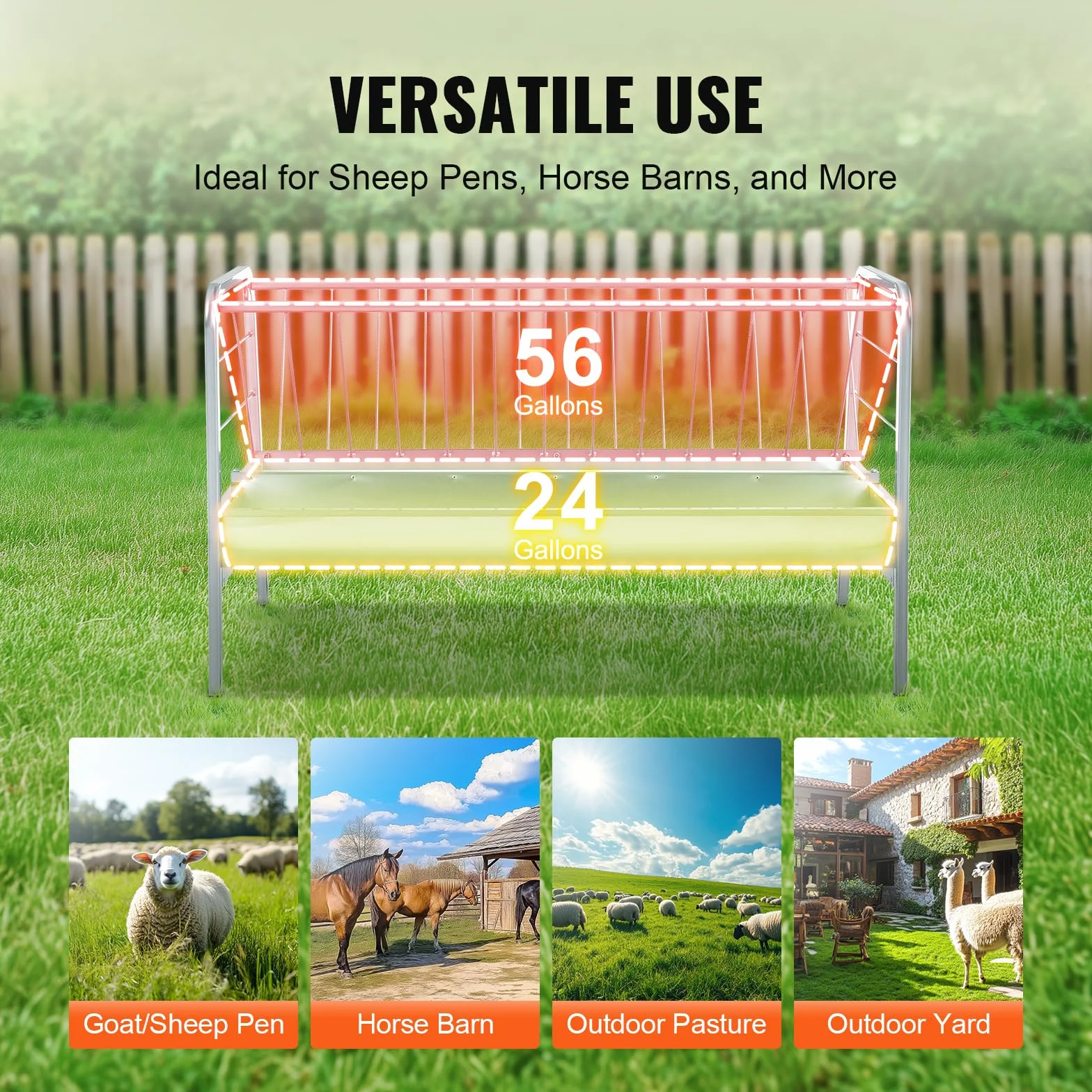 VEVOR Comedero de heno 2 en 1 para ganado, capacidad de 80 galones, alimentador de heno para cabras de 59 pulgadas de largo con bandeja de alimentación más profunda, acero resistente para cobertizos