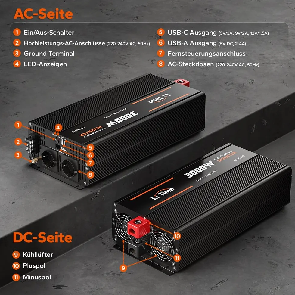 LiTime 3000W Inversor Sinsus Puro 12VDC a 230VAC Convertidor para Autocaravana, Camping, inversor de energía Solar con 2 Salidas AC, Pantalla de vigilancia con Pantalla de Estado en Tiempo Real