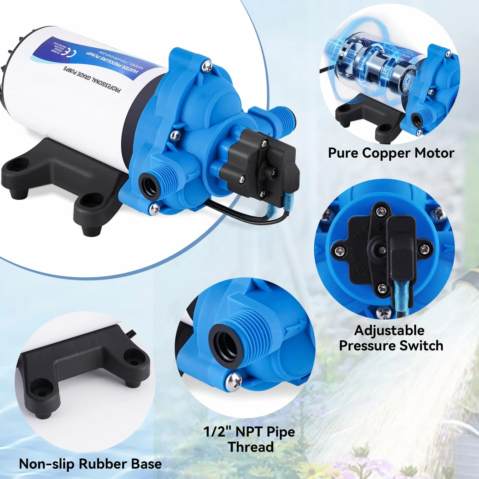 YUCHENGTECH Bomba de Membrana Autocebante 220V AC Bomba de Agua a Presión, 88W, 11.3 Lpm/min, 45 Psi/3.1 Bar Bomba de Agua Automática para Casa, Ducha, Jardín, RV Grifos