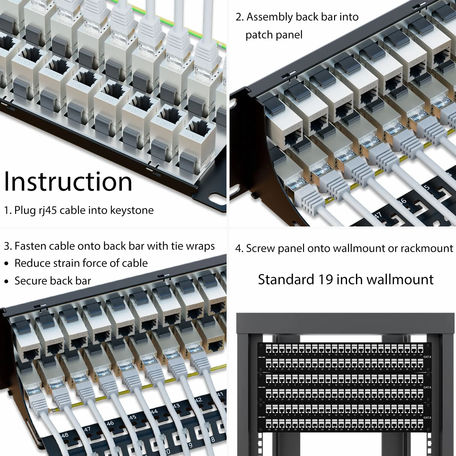 Panel de conexión de 48 puertos RJ45 Cat6 blindado STP de 19 pulgadas 10 Gbps 2U con barra trasera