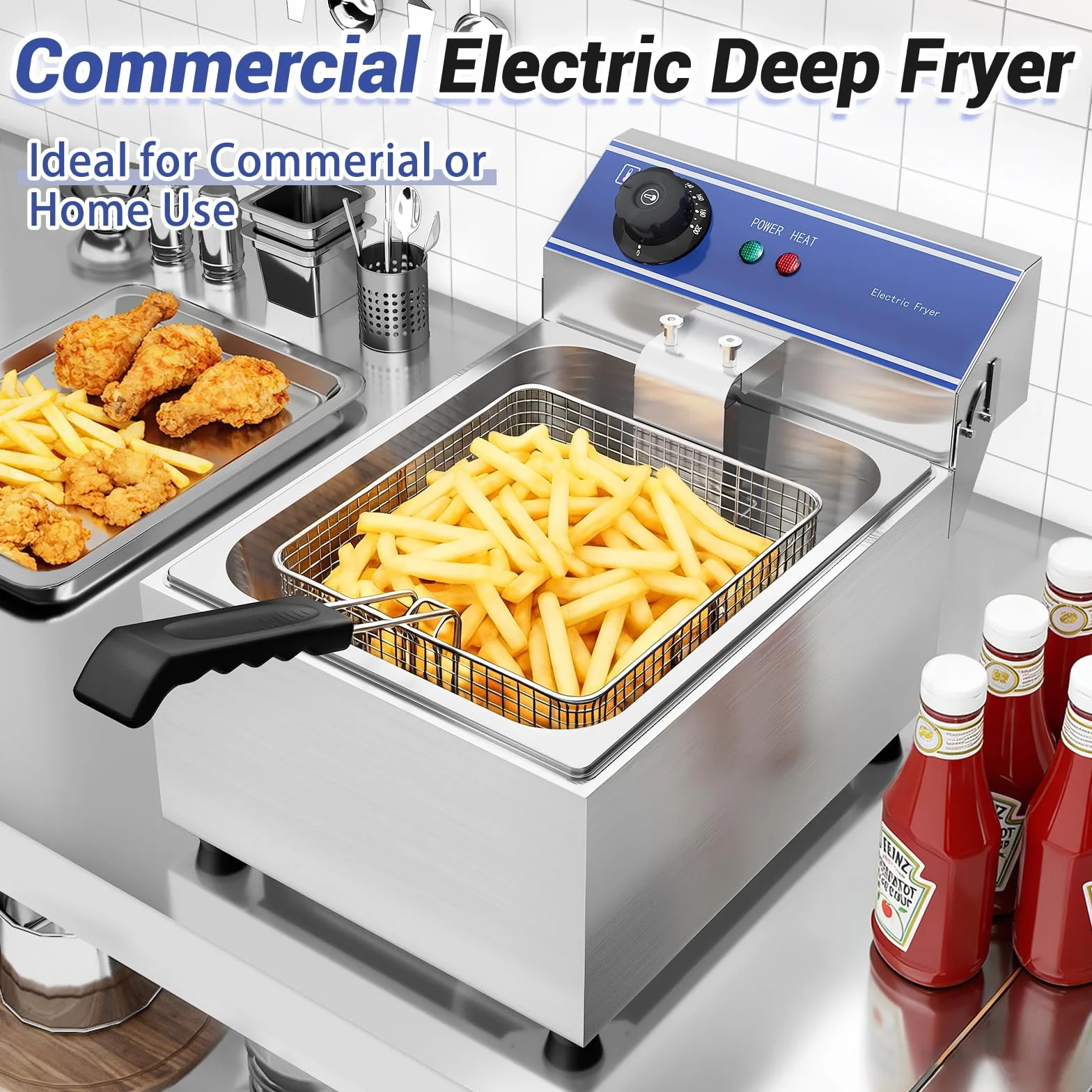 Freidora Eléctrica 10L Comercial Acero Inoxidable Capacidad de aceite máxima es 6L, freidora de aceite, 3000W 220V-240V termostato 60-200 ° C