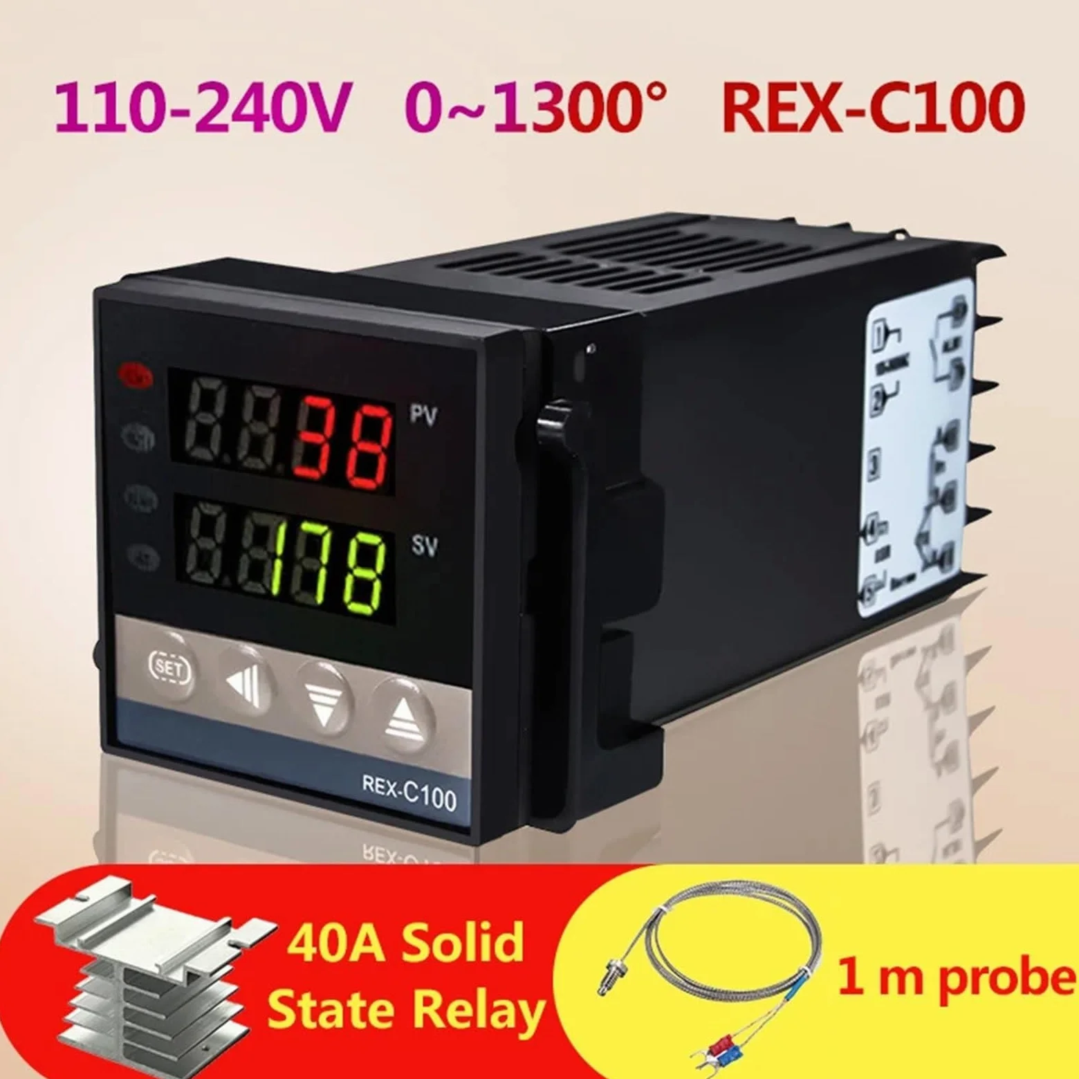 Alarma REX-C100 110V a 240V 0 a 1300 grados Kits de controlador de temperatura PID digital con sensor de sonda tipo K(2pcs SSR-25DA)