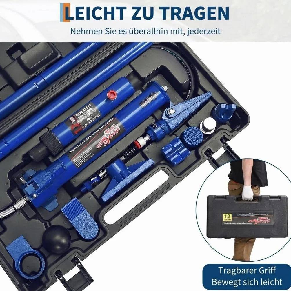 Porta Power Set de cilindro hidráulico de 12 toneladas, herramienta de enderezamiento de carrocería, con manguera de aceite de 1,4 m y maletín de transporte, juego de gato hidráulico para taller