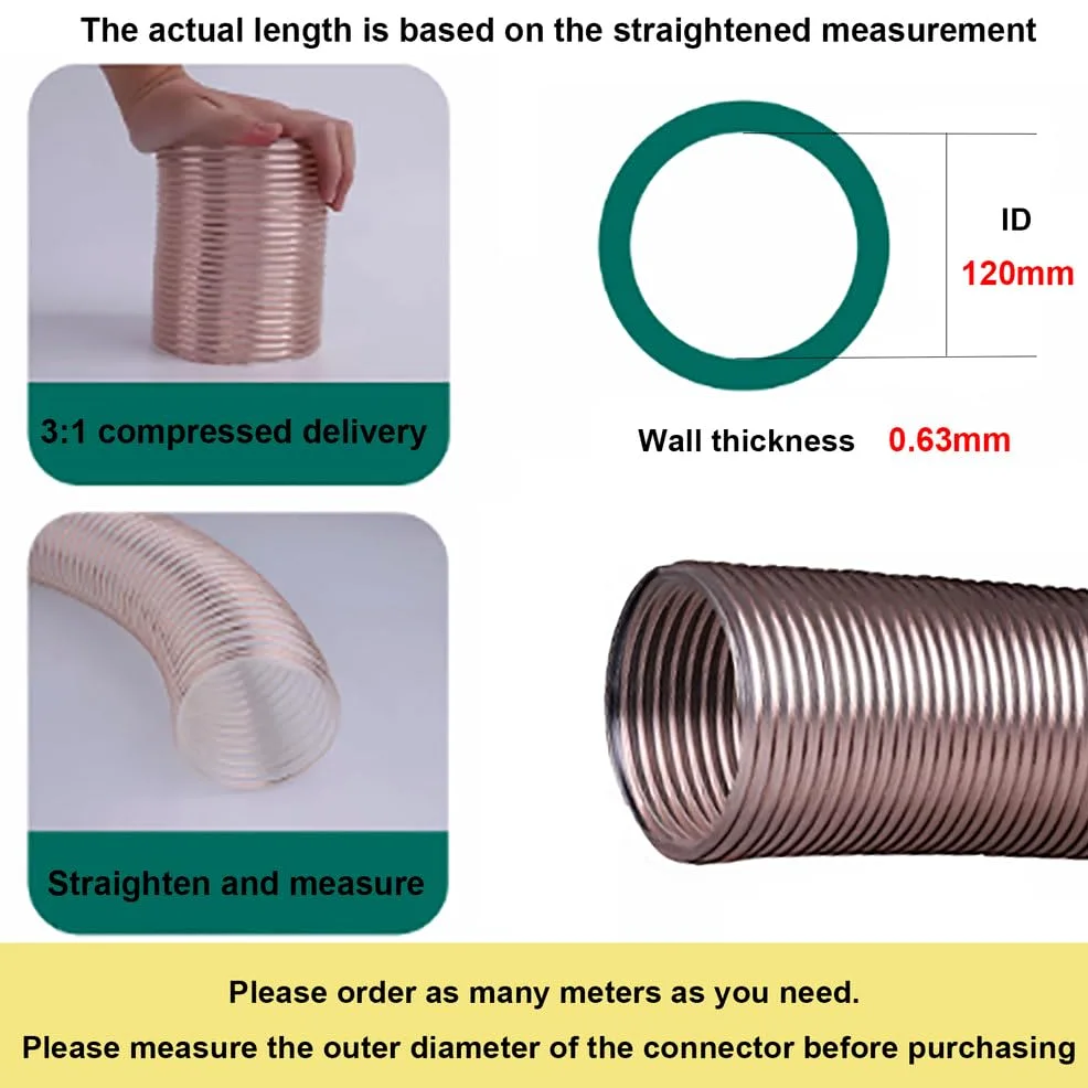 Manguera de recolección de polvo de PU, 120 mm de diámetro interior, 1 m longitud, aspiradora transparente flexible for extractor industrial(0.63mm)