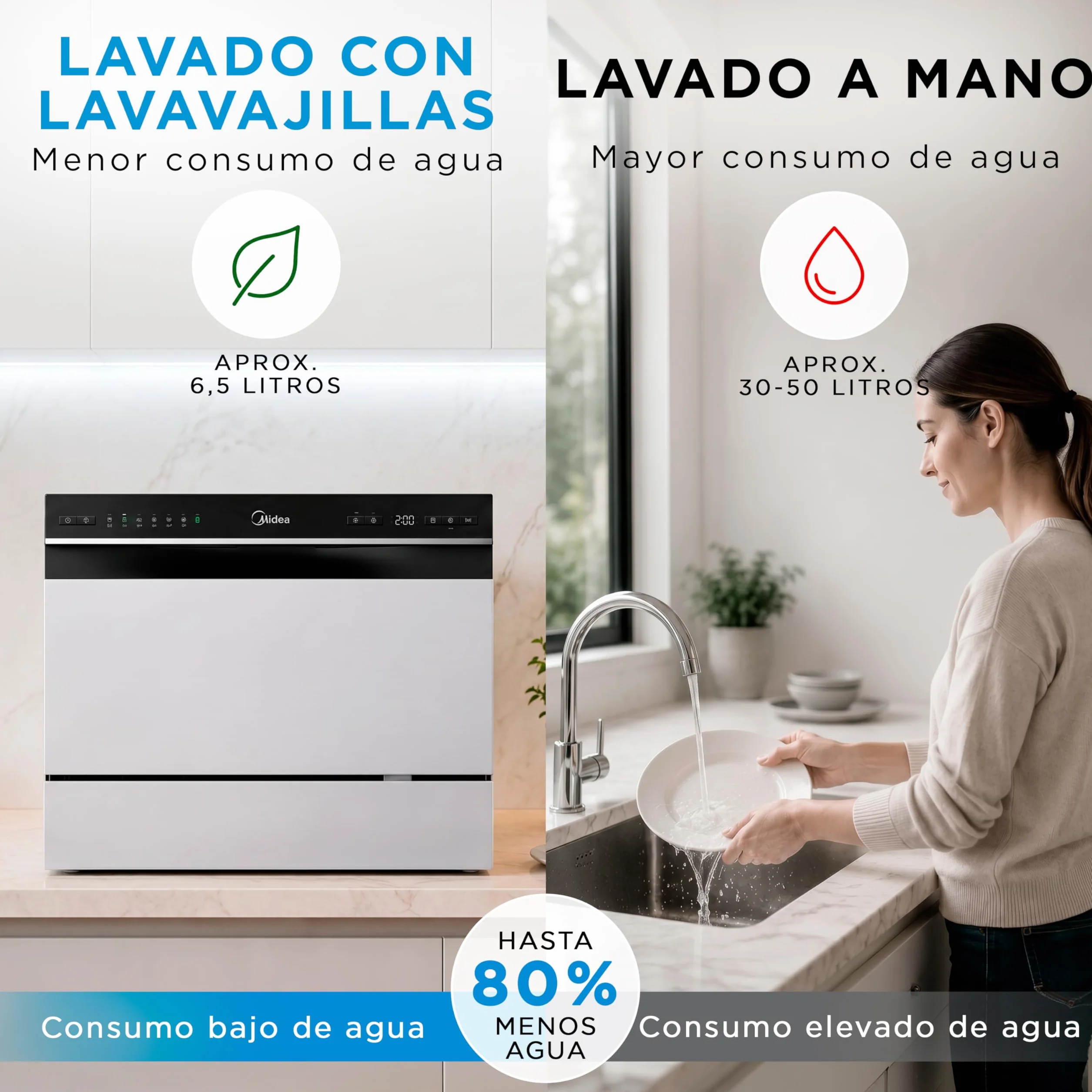 Midea Lavavajillas Pequeño Blanco 55cm 6 Servicios Compacto Portátil sin Instalación App Control 6 Programas ECO Filtro Antibacterias Secado 49dB