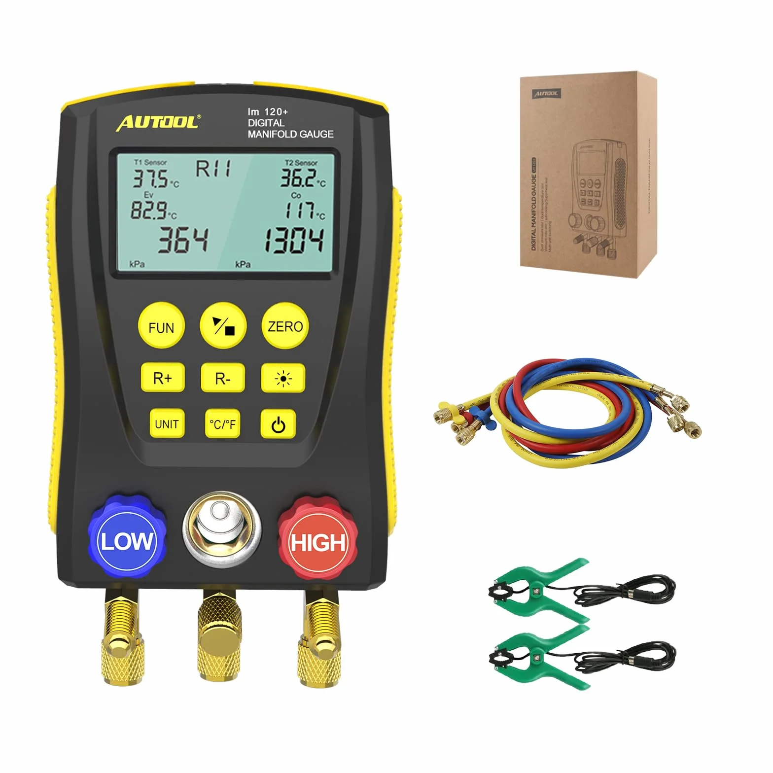 AUTOOL Medidor de presión de refrigeración digital, sistema HVAC Medidor de refrigeración Aire acondicionado Refrigerador Presión de vacío Probador de fugas de temperatura