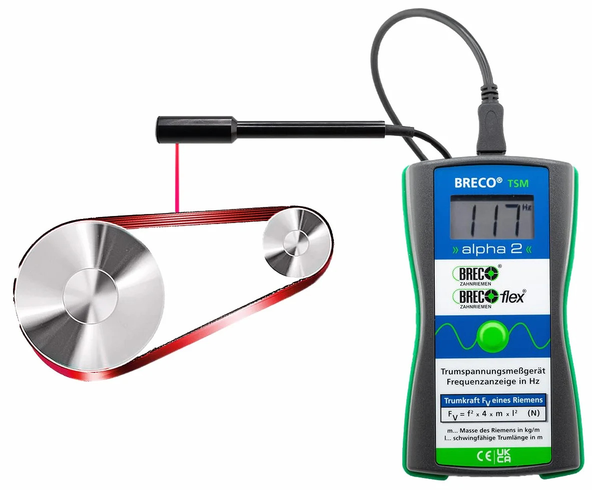 Breco® Trum TSM ALPHA 2 - Medidor de tensión de correa (rango de medición de 5 a 500 Hz, pantalla LCD de 3 dígitos, sensor externo de 15,5 mm y 125 mm de longitud, cable de conexión con mini USB