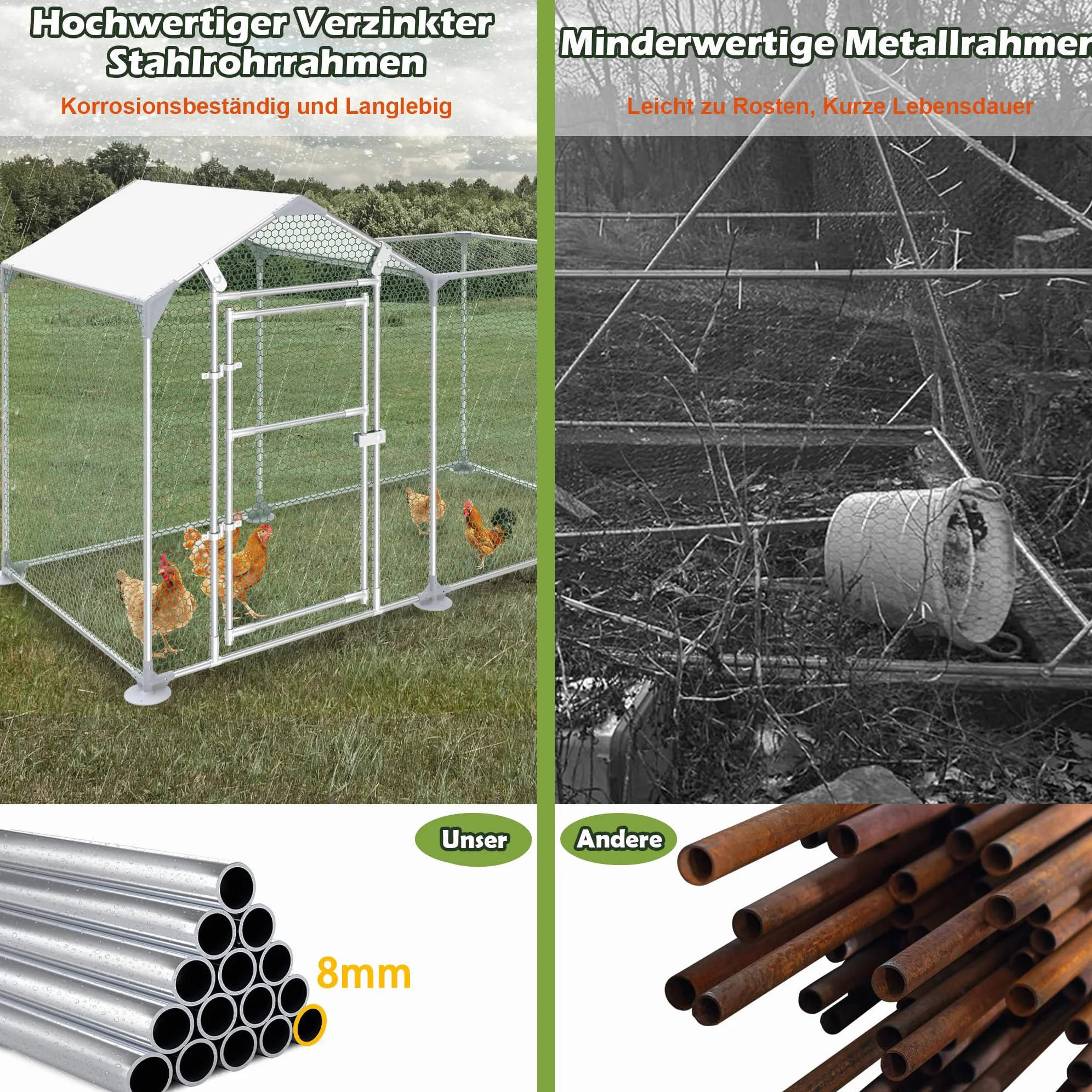 Gallinero de acero galvanizado, 3 x 1 x 1,5 m, con protección solar, techo, jaula para gallinas, cercado para gallinas, jaulas de aves de corral para gallinas, animales pequeños, aves de