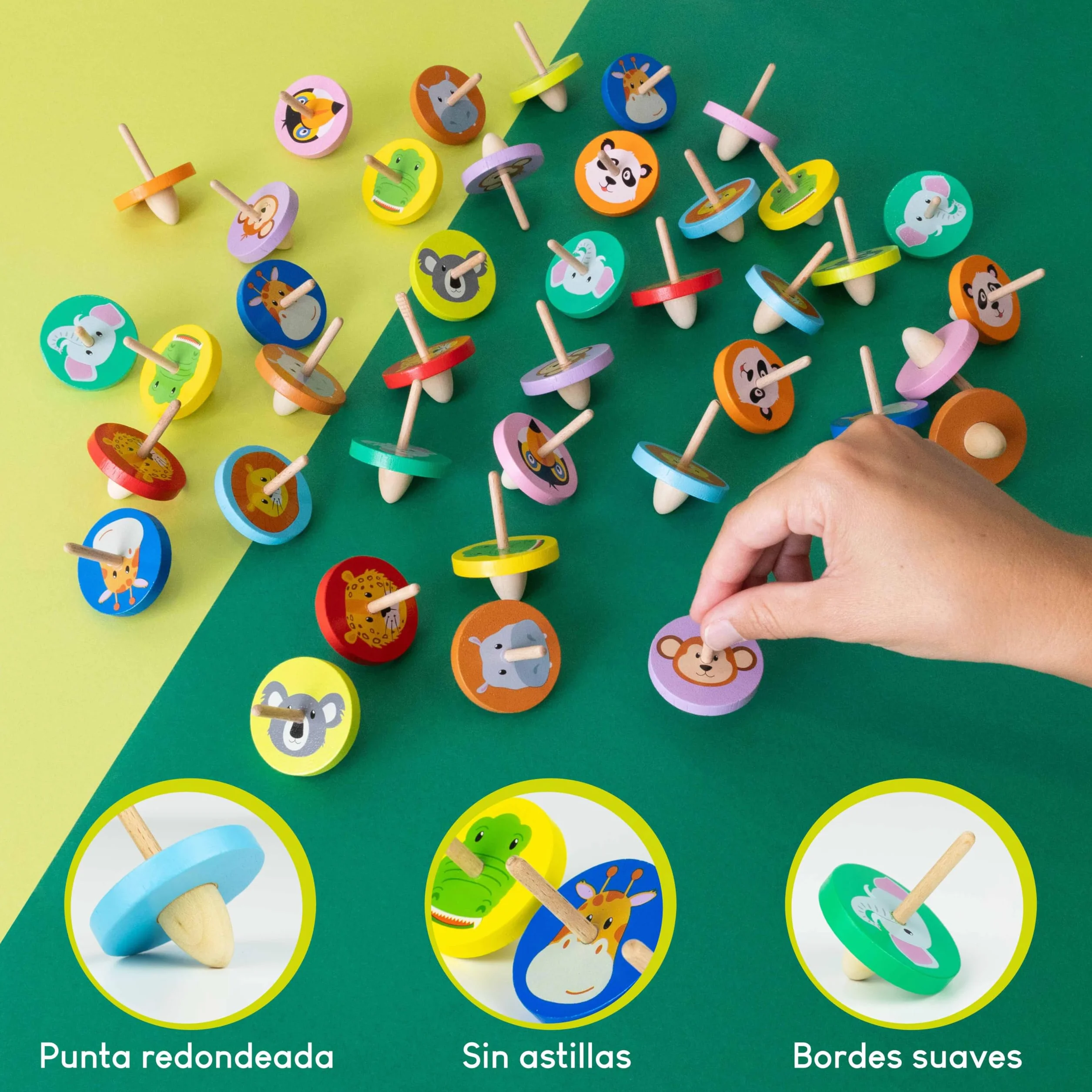 BONNYCO Peonza Madera Animales Jungla, Pack 40 Regalos Cumpleaños Niños