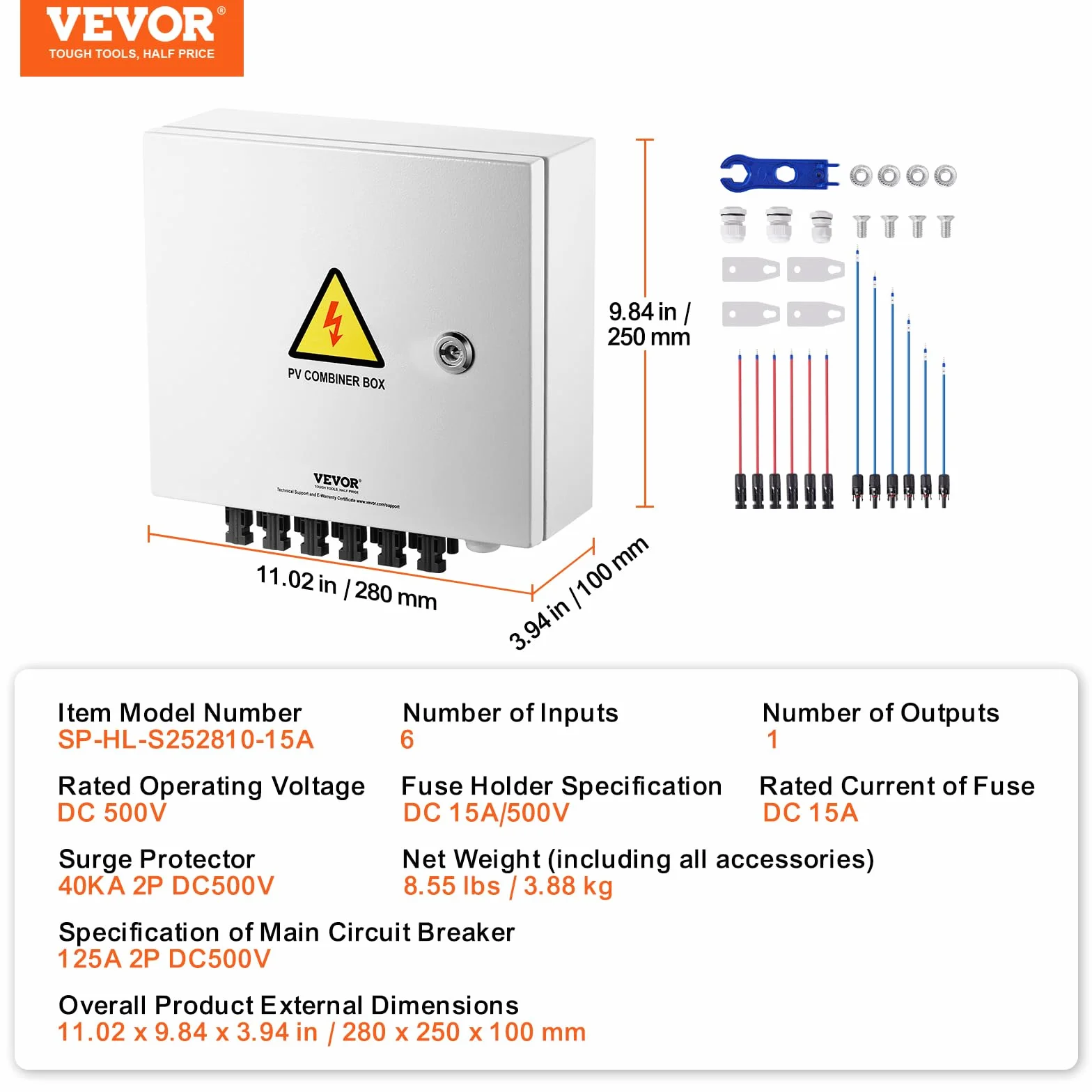 VEVOR Caja Combinadora Fotovoltaica, 6 Cuerdas, Caja Combinadora Solar con Fusible de Corriente Nominal de 15 A Conector Solar, Caja de Acero para Sistema de Panel Solar de Red de Encendido, Apagado