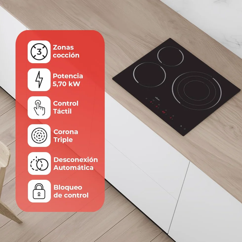 Nilson Placa Vitrocerámica Cristal Negro NV3600 5700W 3 Zonas Cocción 9 Niveles Control Táctil