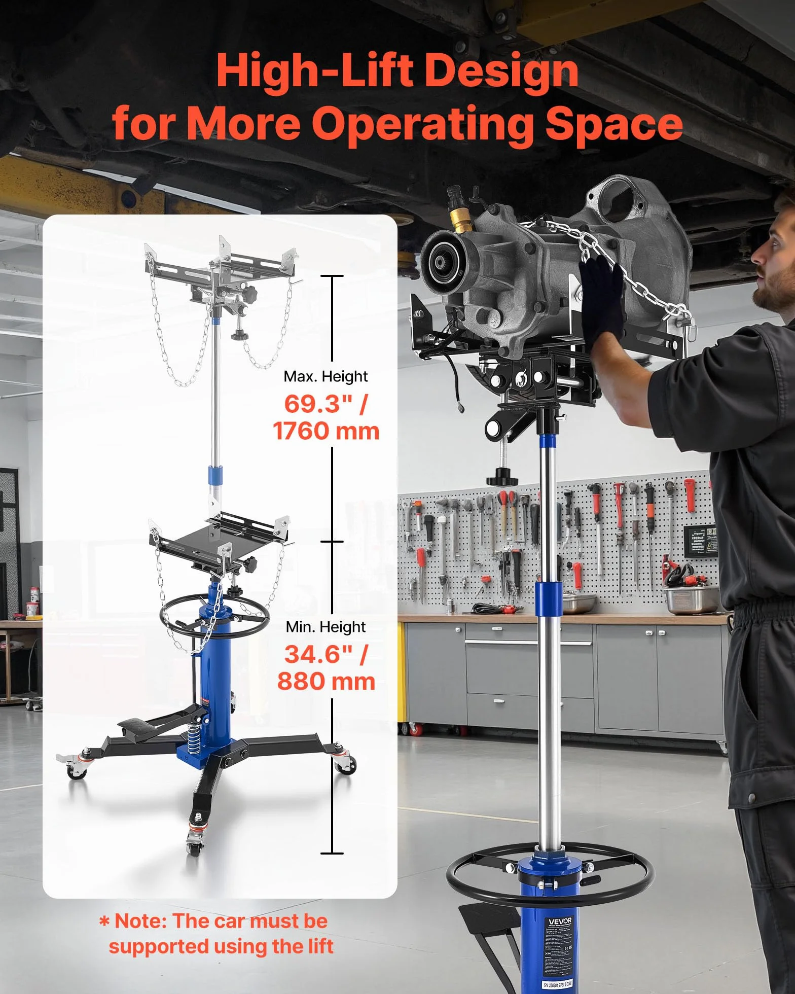 VEVOR Gato Hidráulico de Transmisión para Taller, con Capacidad de Elevación de 750 kg, con Pedal y Rueda Giratoria de 360°, Altura de Elevación de 88-176 cm, para Taller/Garaje, Azul y Negro