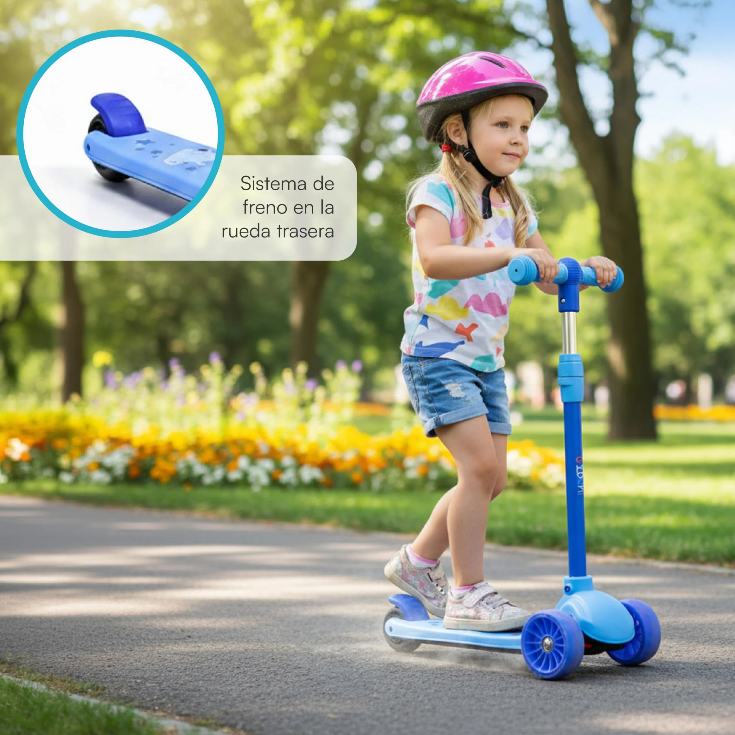 Baroni Toys Patinete 3 Ruedas Niños 3+ Años LED Sin Pilas Manillar Ajustable 3 Alturas Freno Trasero 52x25x81 cm Azul