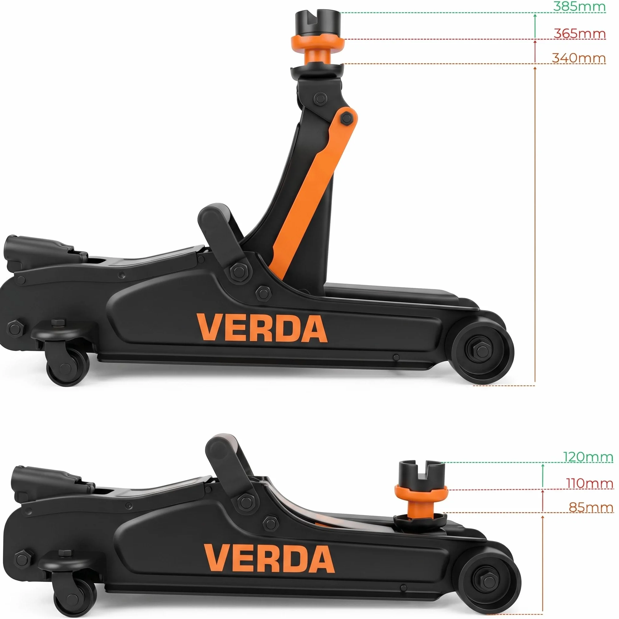 Verda Gato hidráulico de 2,5T, 85-365 mm, elevador para coches, profesional