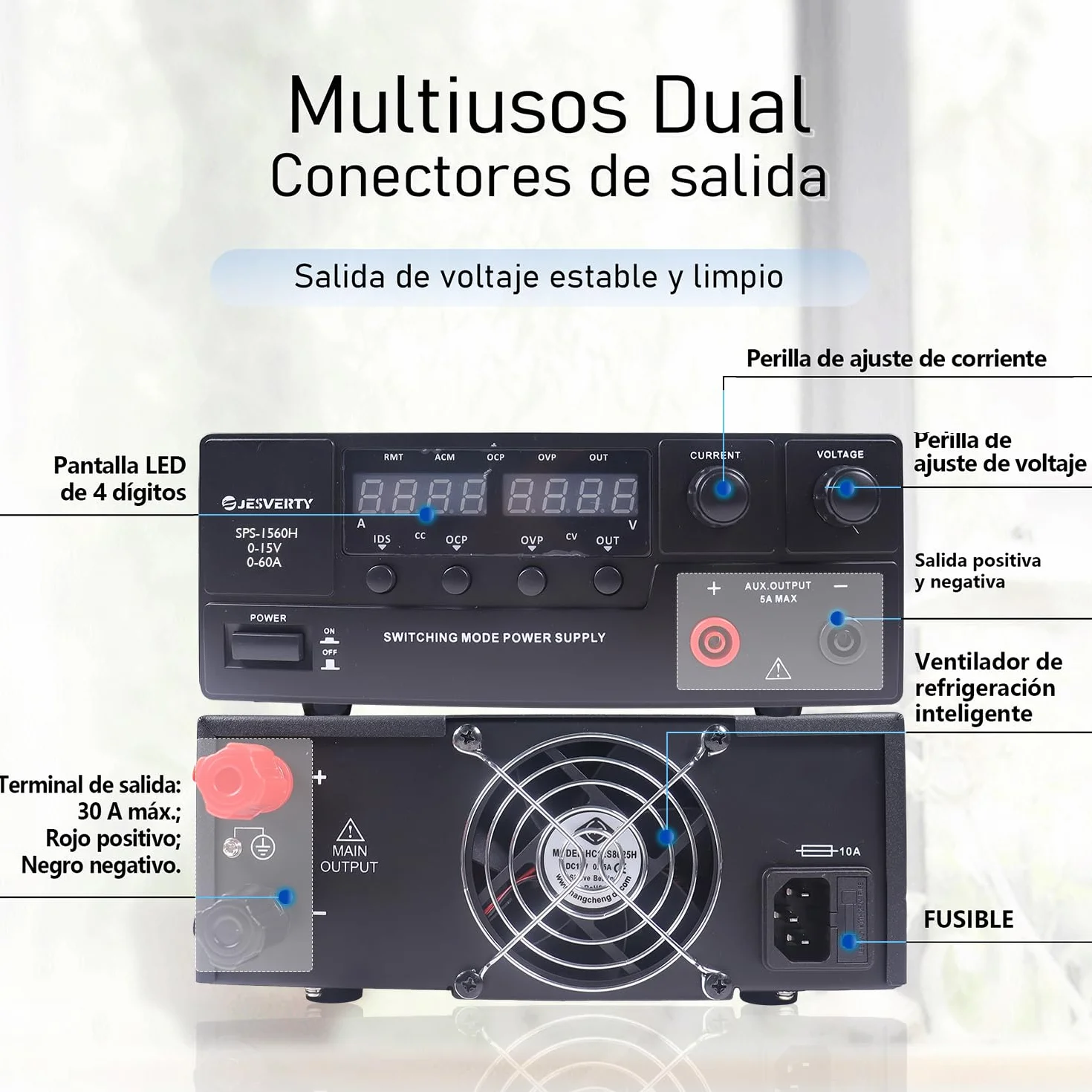 Fuente de Alimentación Regulable, 0-15V 0-60A Conmutación de CC regulada Fuente de alimentación de banco con mando codificador, interruptor de encendido/apagado de salida, OVP y OCP Jesverty SPS-1560H