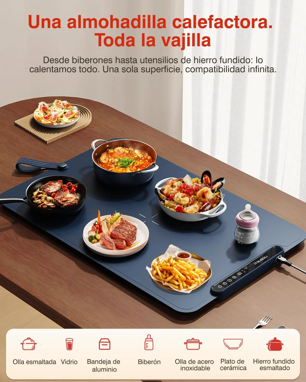 Bandeja Térmica iTRUSOU, Manta Eléctrica con Timer 1-99H, 7 Temperaturas Ajustables, Calor de Superficie Completa