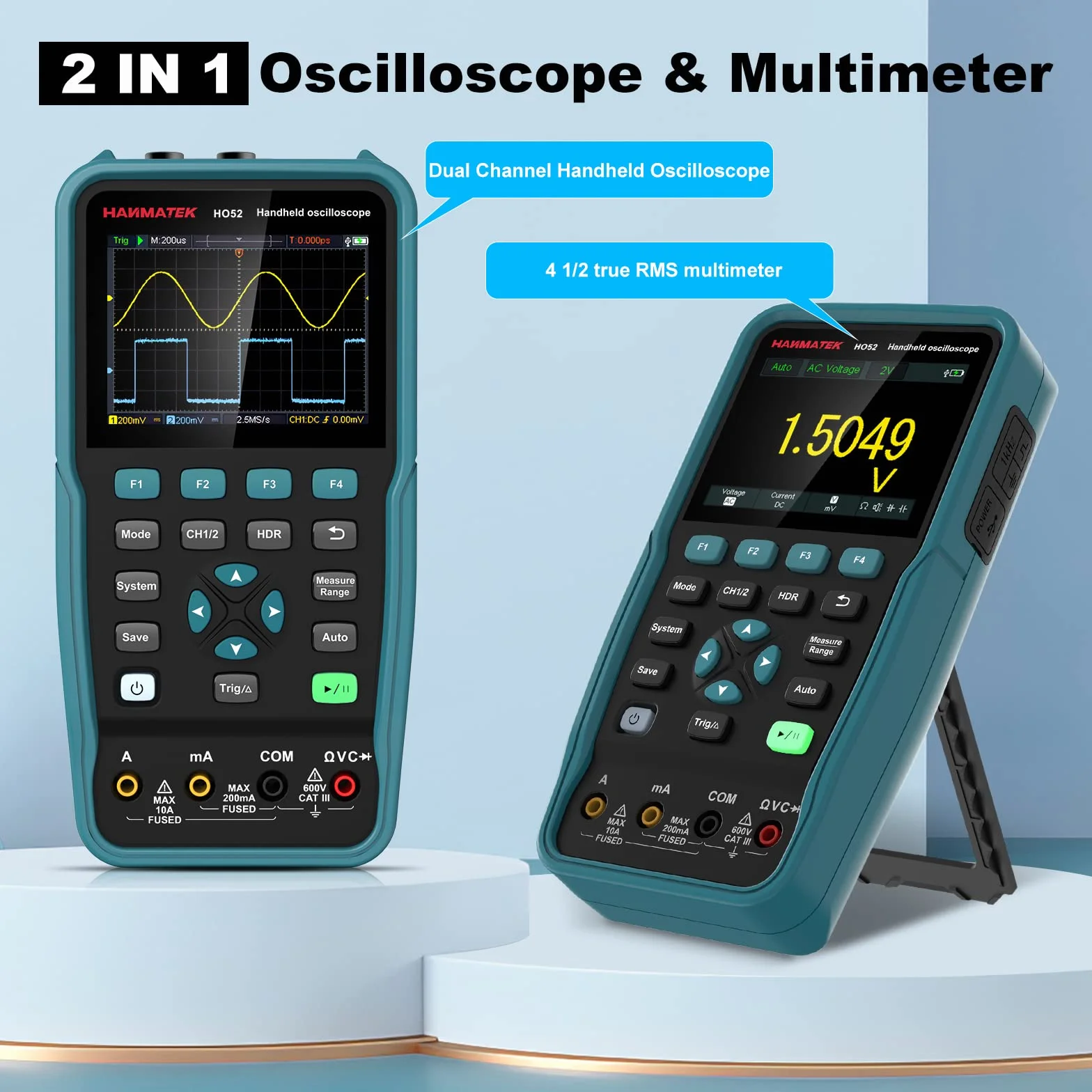 Osciloscopio Digital, HANMATEK HO52 Mini Osciloscopio TFT de 3,5", Osciloscopio y Multímetro 2 IN 1, Pantalla Retroiluminada, Función Autocalibración, 7 Medidas Automáticas, Función Memoria