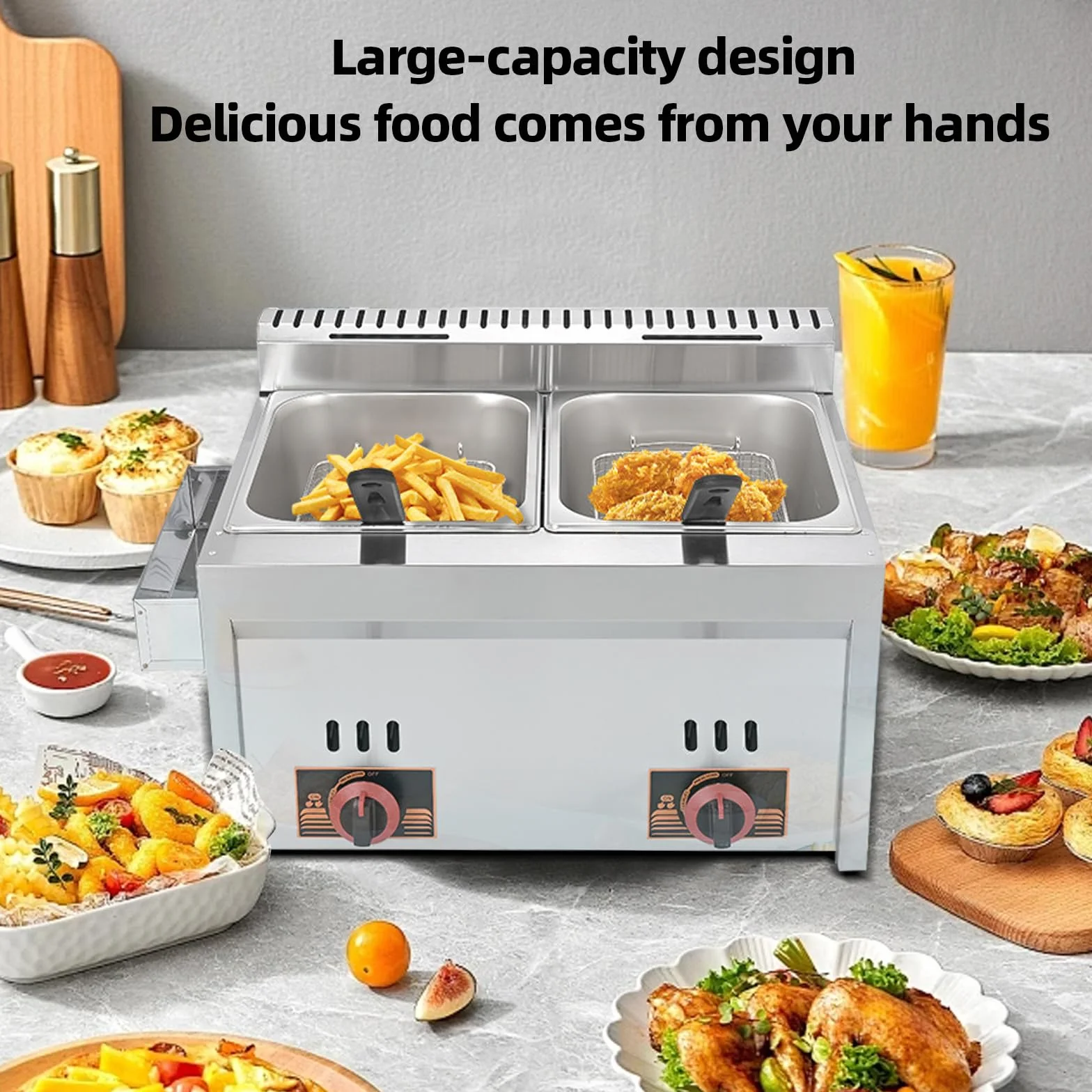 Freidora de gas profesional, regulador de baja presión, cesta extraíble, freidora comercial de acero inoxidable para cocina comercial o camión de comida (8L)