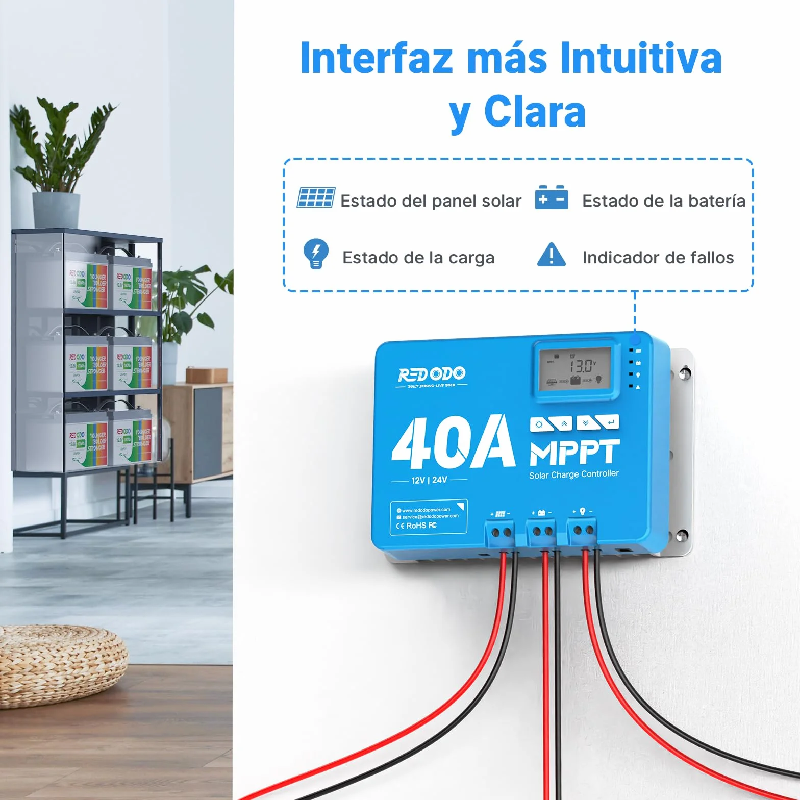 Redodo 40A MPPT 12V/24V Coche Entrada DC Controlador de carga solar con módulo Bluetooth incorporado, Parámetro ajustable Pantalla LCD Pantalla LED