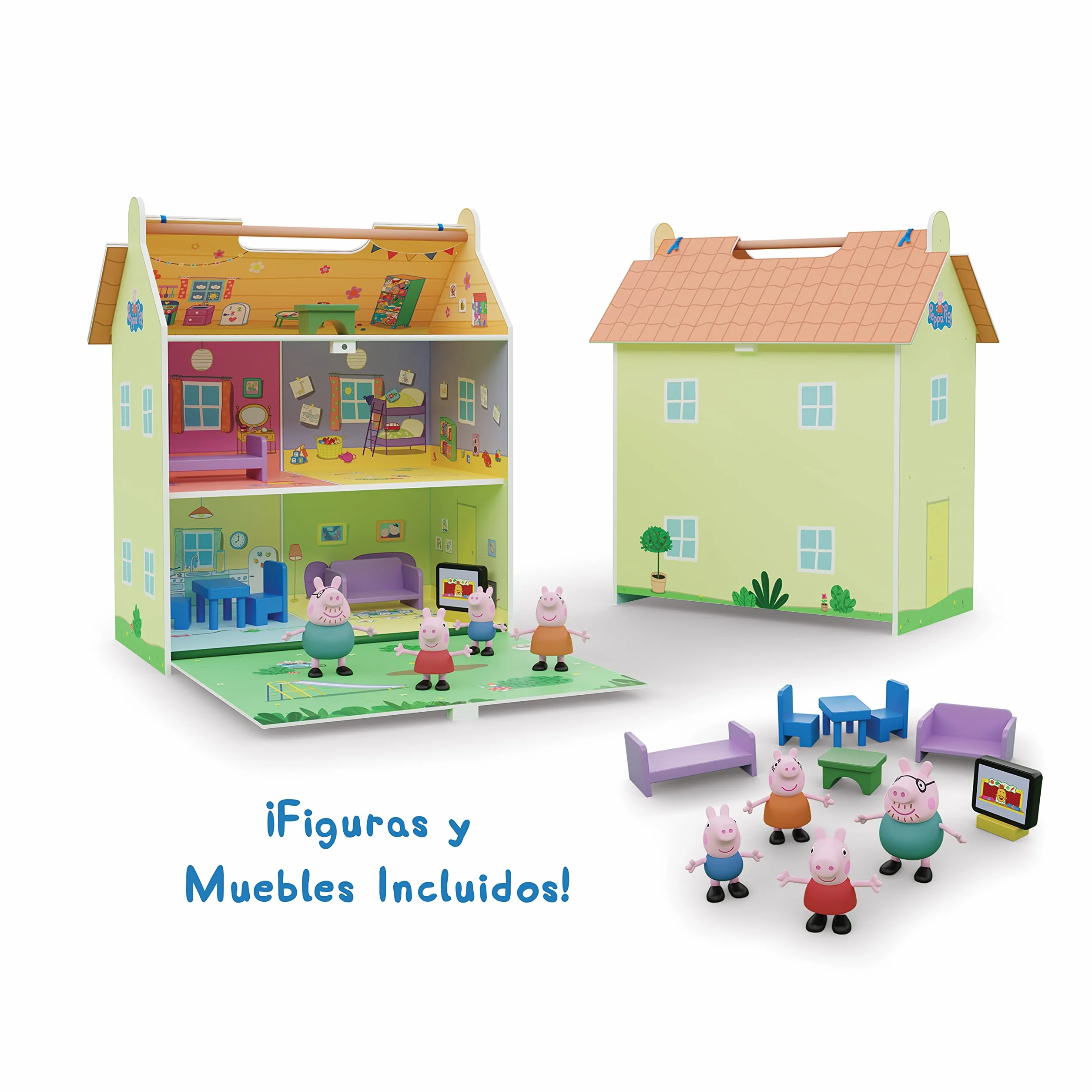 Peppa Pig Casita de Madera 2 Pisos con Buhardilla y Jardín 39x34,5x18 cm 7 Accesorios 4 Personajes