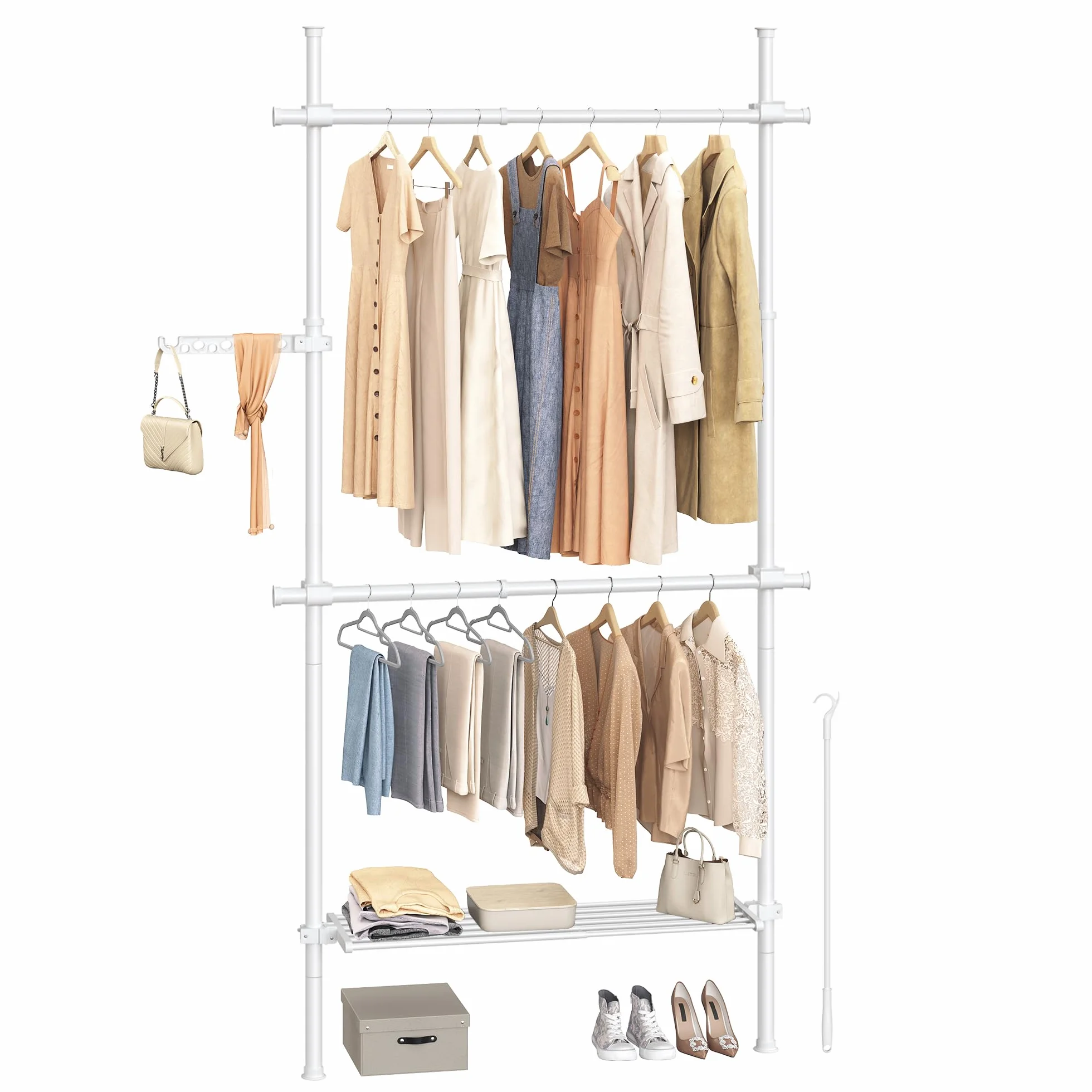 SONGMICS Perchero de piso a techo ajustable, 3 niveles, barra de ropa, organizador de armario, blanco mate