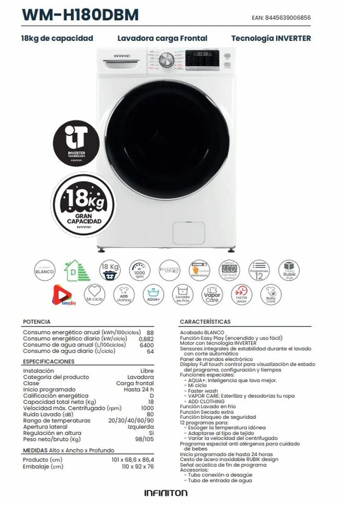 INFINITON Lavadora WM-H180DBM 18 kg 1000 RPM Carga Frontal Inverter Blanco