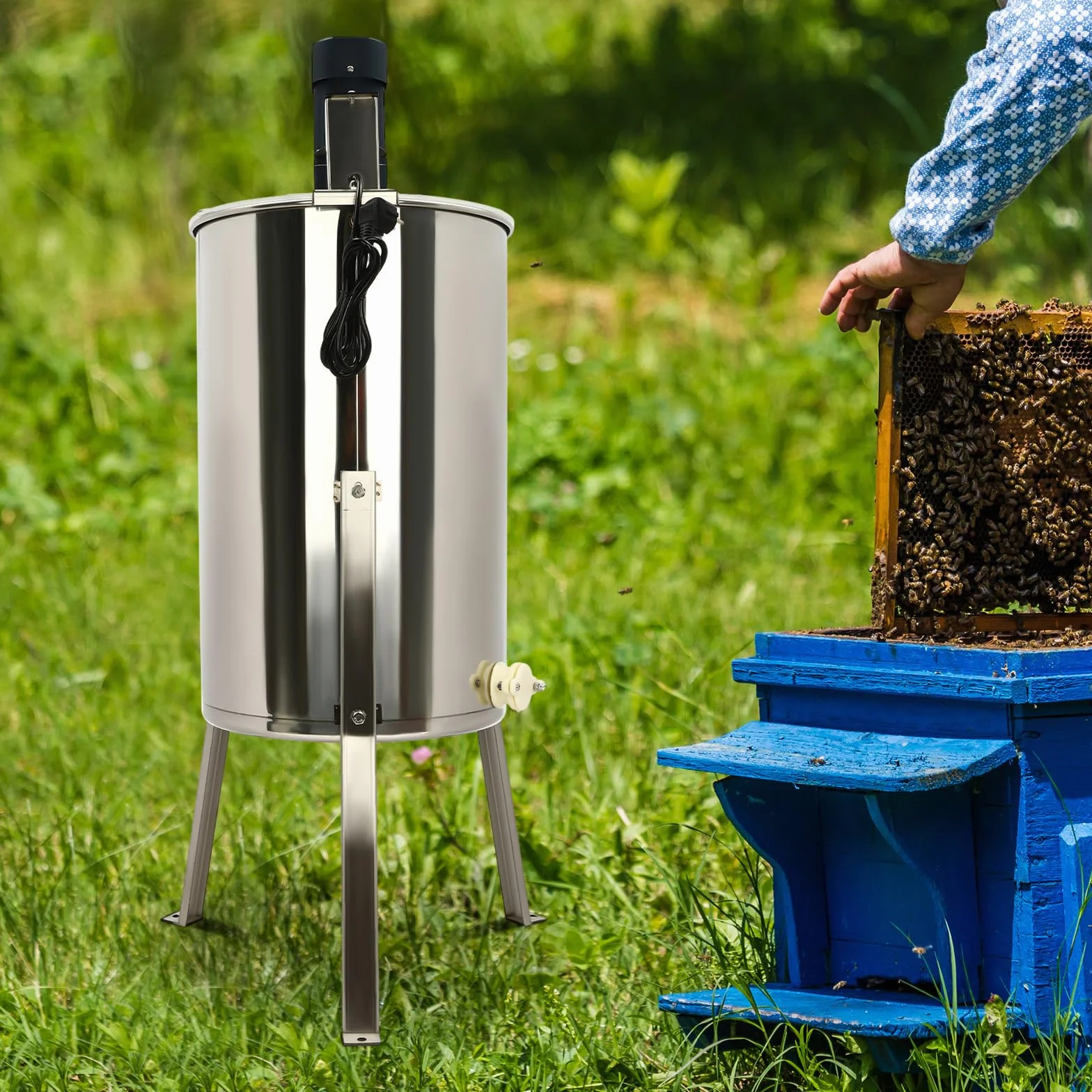 Extractor de miel eléctrico, extractor de miel de 4 marcos de acero inoxidable, extractor de miel de 140 W con salida de miel y tapa acrílica, centrifugadora tangencial eléctrica para la