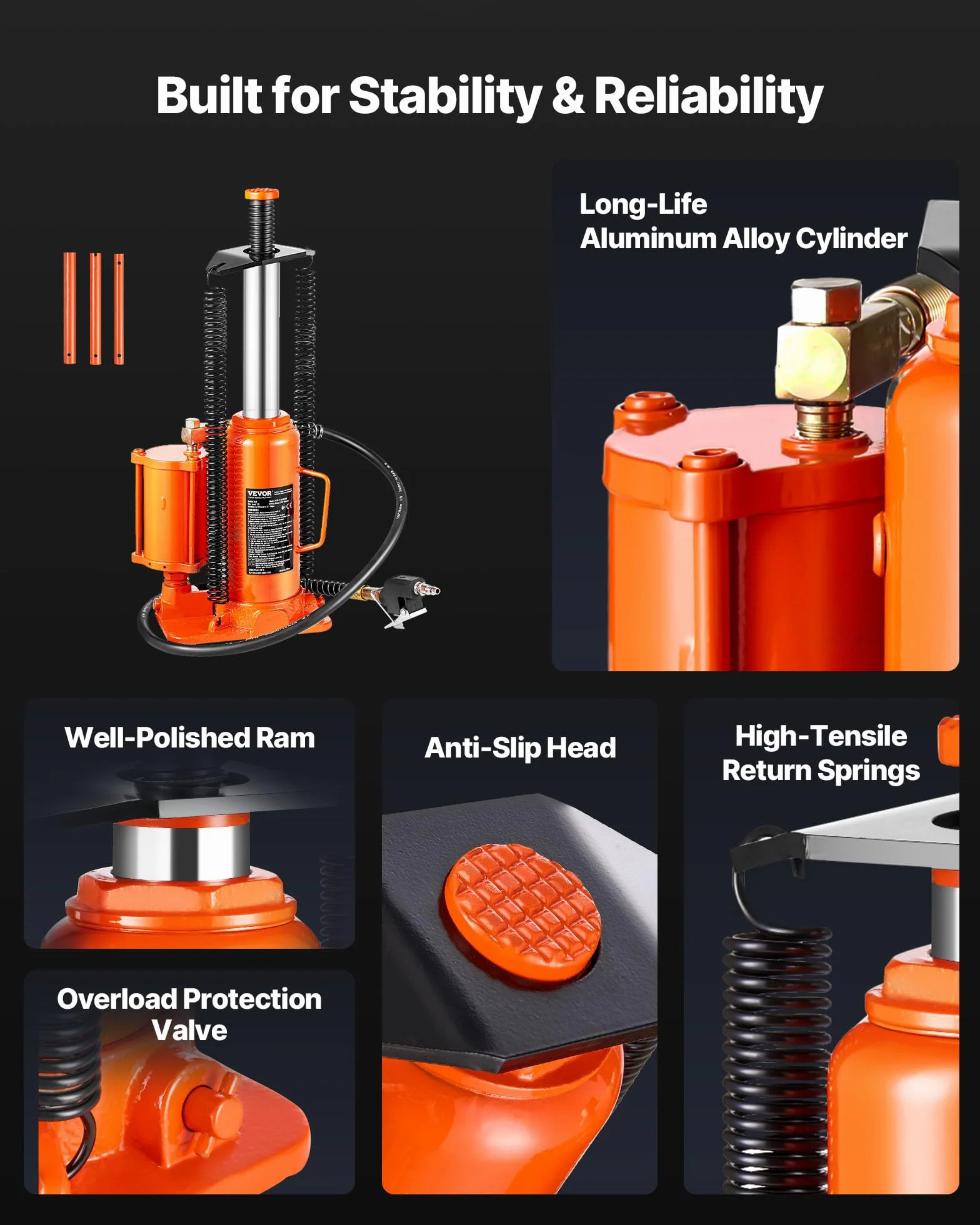 VEVOR Gato Hidráulico Neumático de Botella 12 T 265-505 mm Naranja