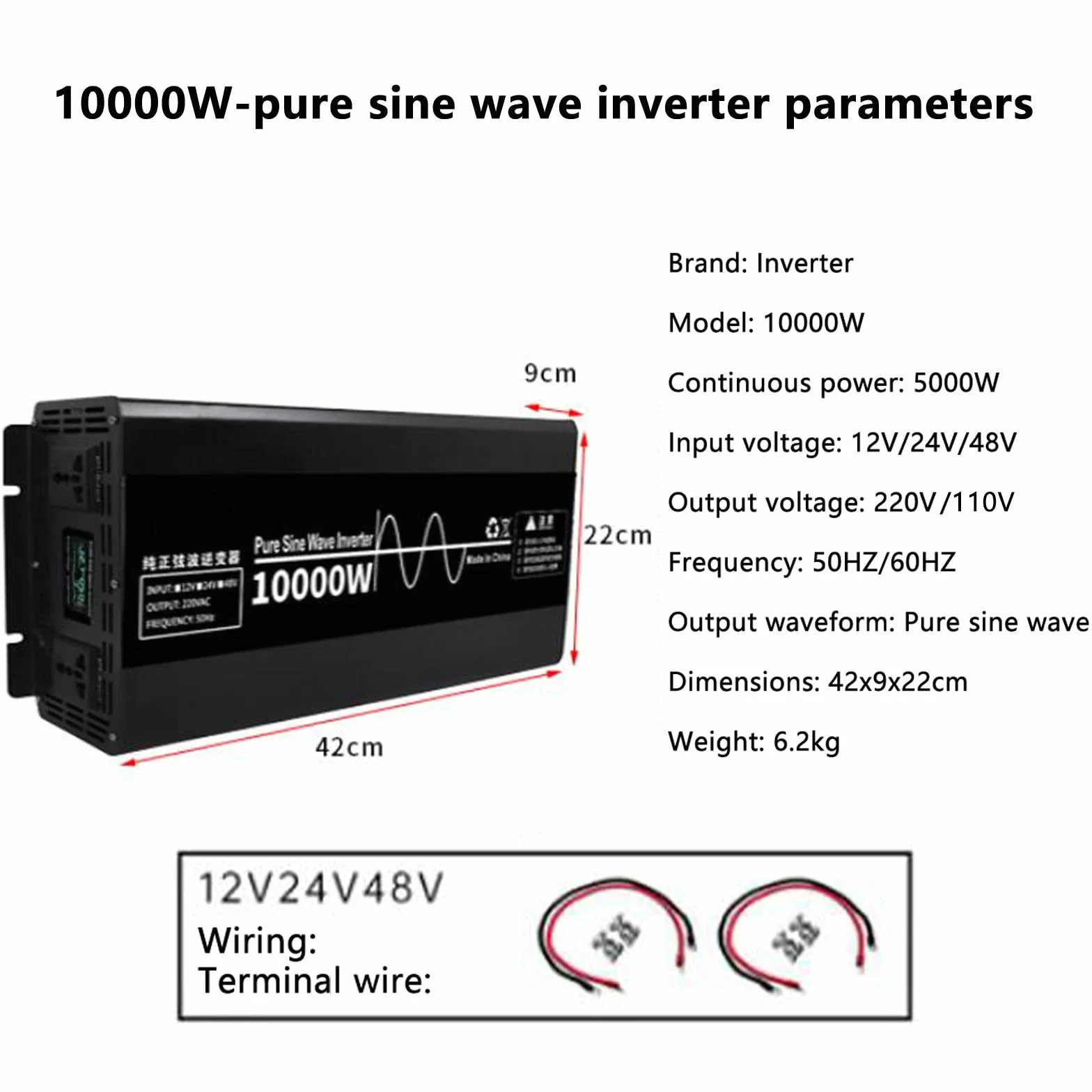 Inversor de Onda sinusoidal Pura de 10000W CC 12V /24V /48V a CA 110V/220V para Panel Solar hogar Exterior RV Camping Inteligente,12V