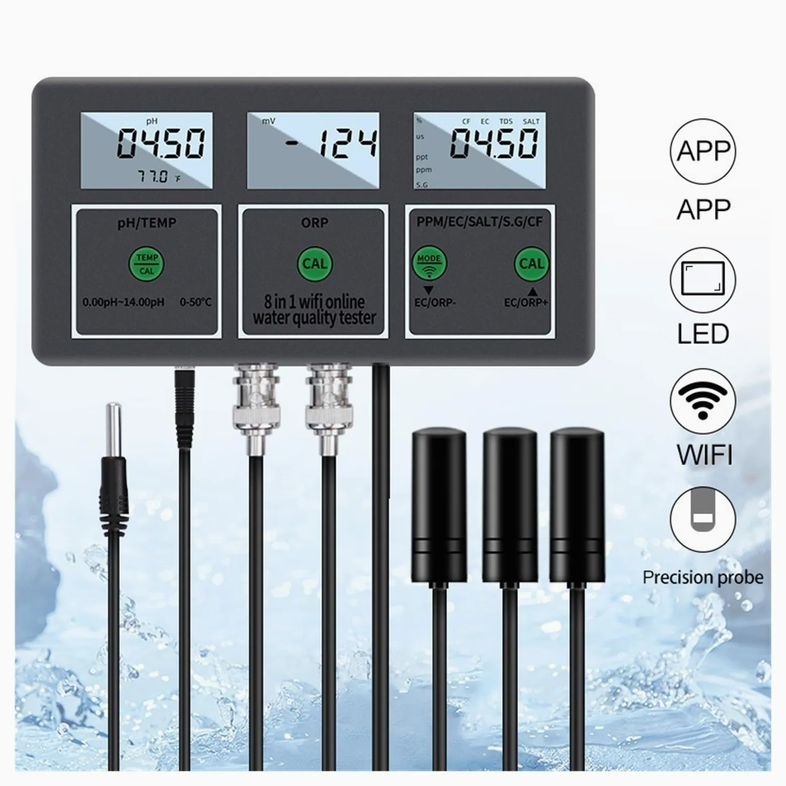 Medidor de calidad del agua multifunción 8 en 1, Monitor inteligente Digital PH EC TDS SALT SG.Temp ORP CF Tester,Extensamente probado