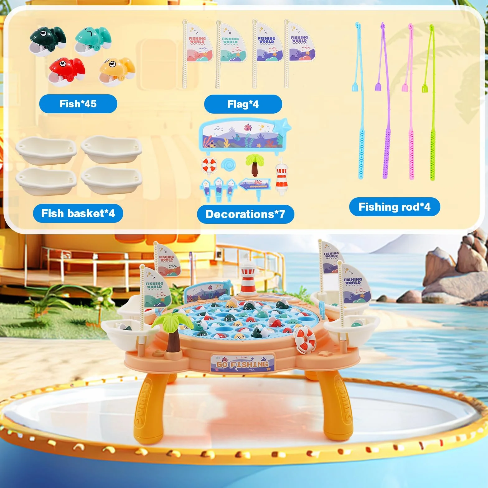 Juego de Pesca Musical Eléctrico con 45 Peces, Educativo para Niños 3-6 Años