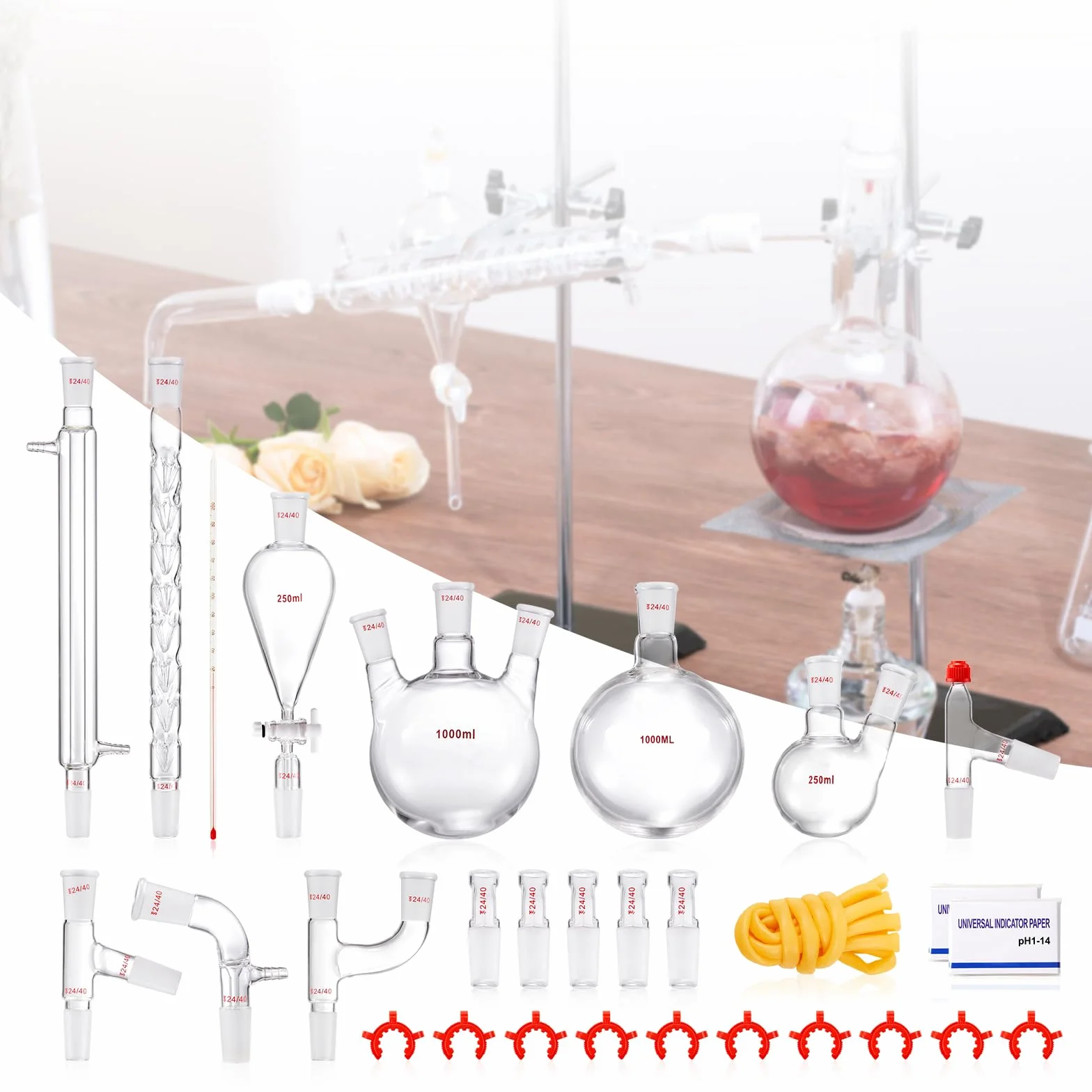 VEVOR Kit de destilación de laboratorio, kit de destilación de vidrio de laboratorio Boro 3.3 con 24 y 40 compuestos, juego de equipos de destilación de aceites esenciales de 1000 ml, 29 piezas