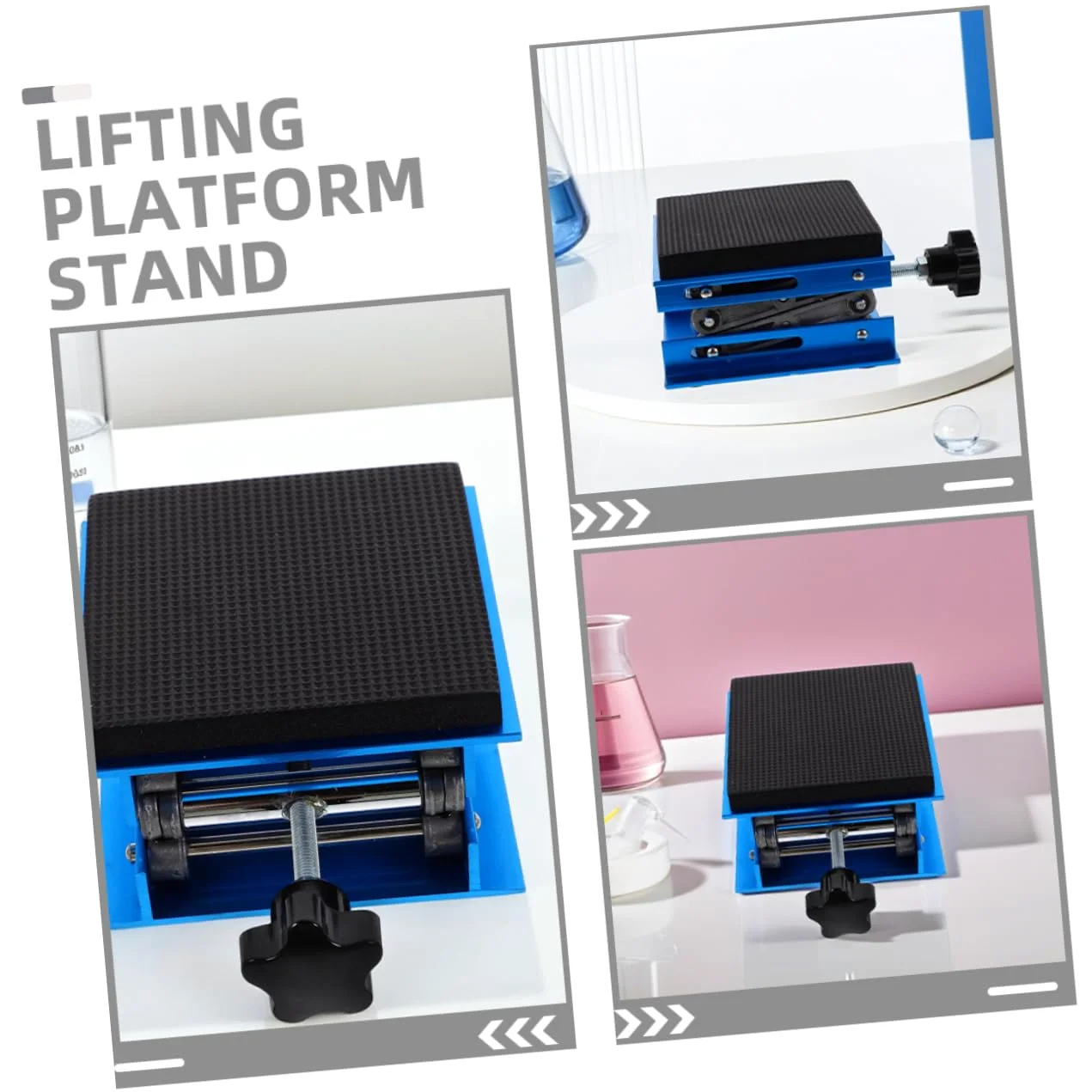 Plataforma Elevadora de Laboratorio Ajustable 15x15cm Aluminio | Capacidad Estática 10kg, Rango 7, 5-27, 5cm, Espuma Amortiguadora Antideslizante