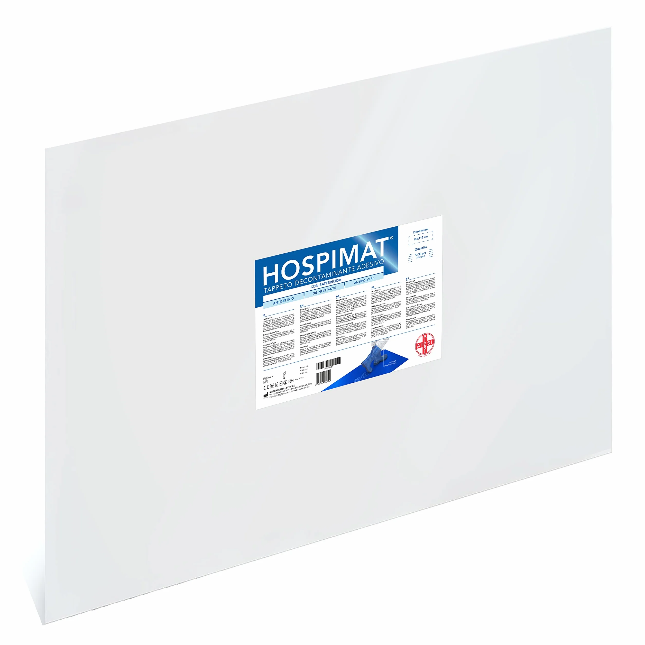 AIESI® Alfombra Descontaminante Adhesiva 30 Hojas desprendible con BACTERICIDA Azul Dimensiones 90x115 cm (5 alfombras de 30 Hojas), Antibacteriana, Antipolvo