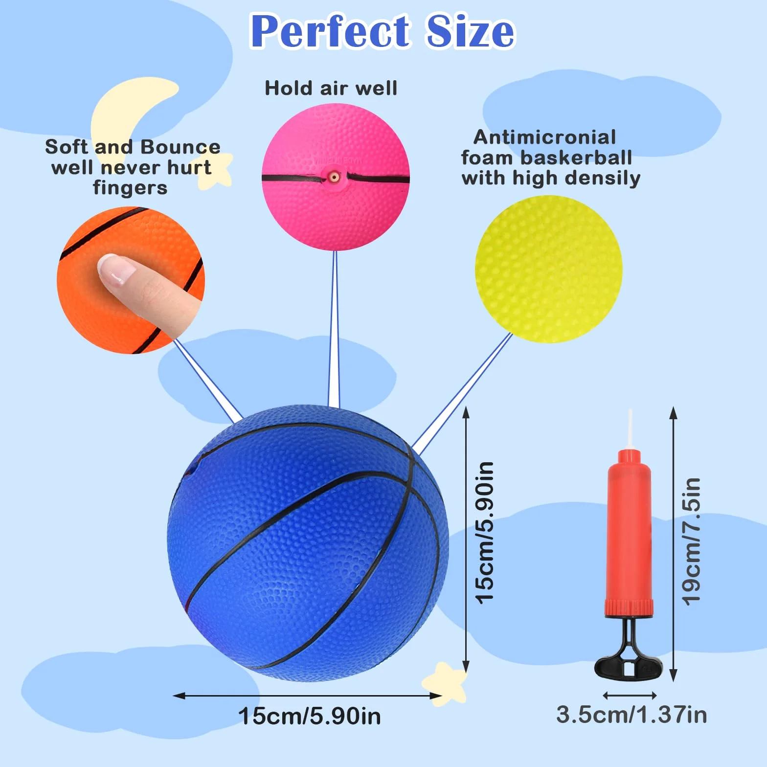 Juego de 6 mini pelotas de baloncesto PVC 15 cm con bomba para niños interior exterior