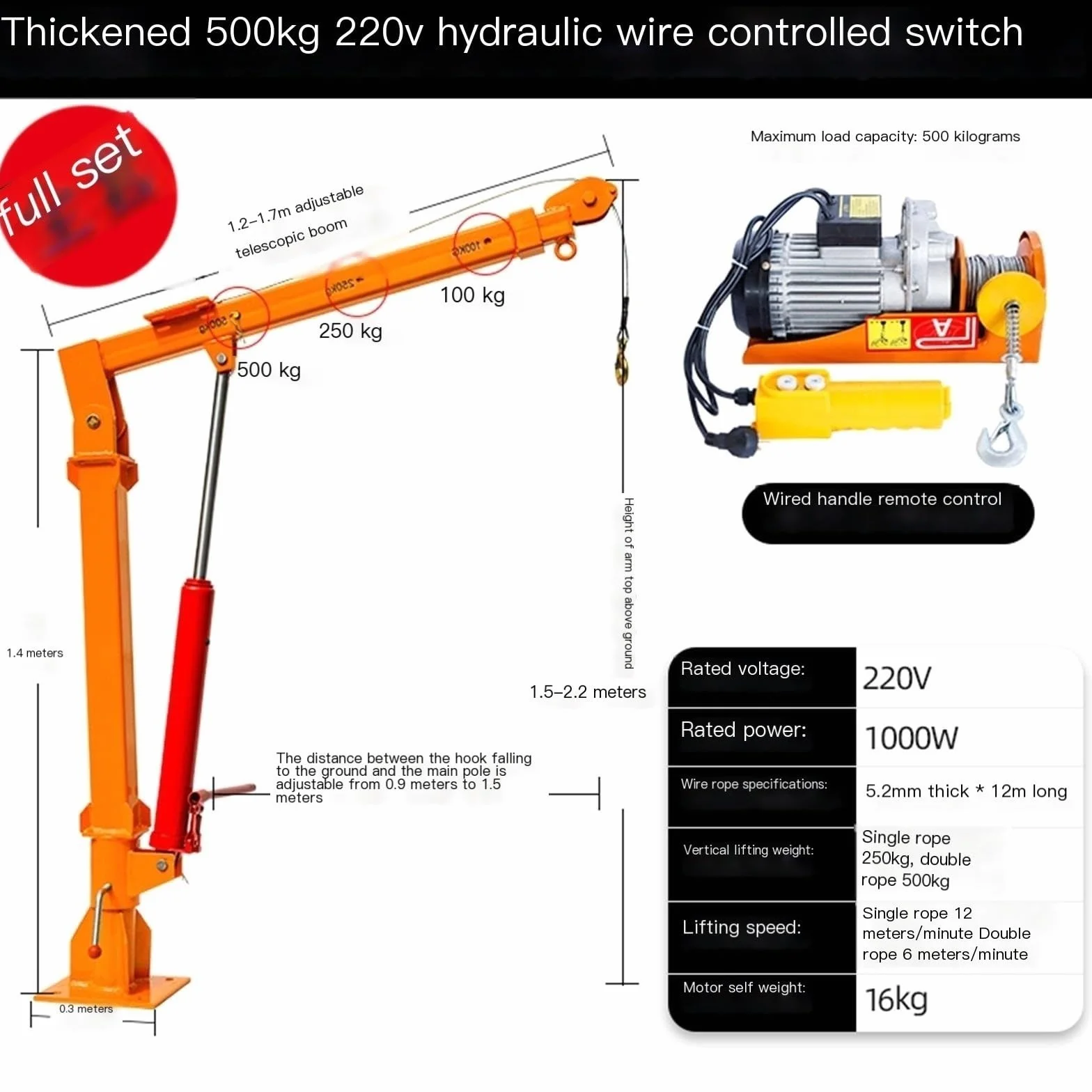 Manivela/grúa pequeña eléctrica, grúa doméstica montada en vehículo 12v 24v 220v, polipasto de elevación montado en camión YIJIAN (Color : 500kg 220v Hydraulic)