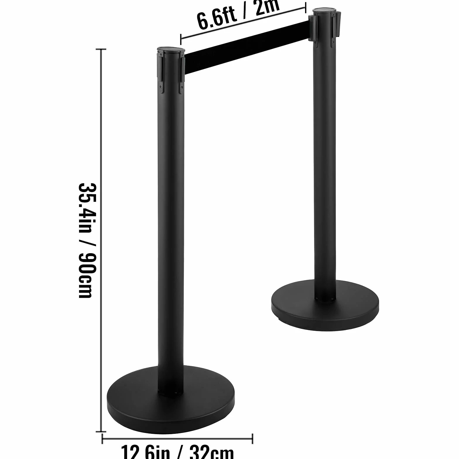 VEVOR Postes Separadores 8 piezas Altura 90 cm Negros Poste Separador con Cinta Extensible de 2 m Diámetro de Base 32 cm Postes de Barrera de Control de Multitudes Retráctiles (8 pcs, Negro)