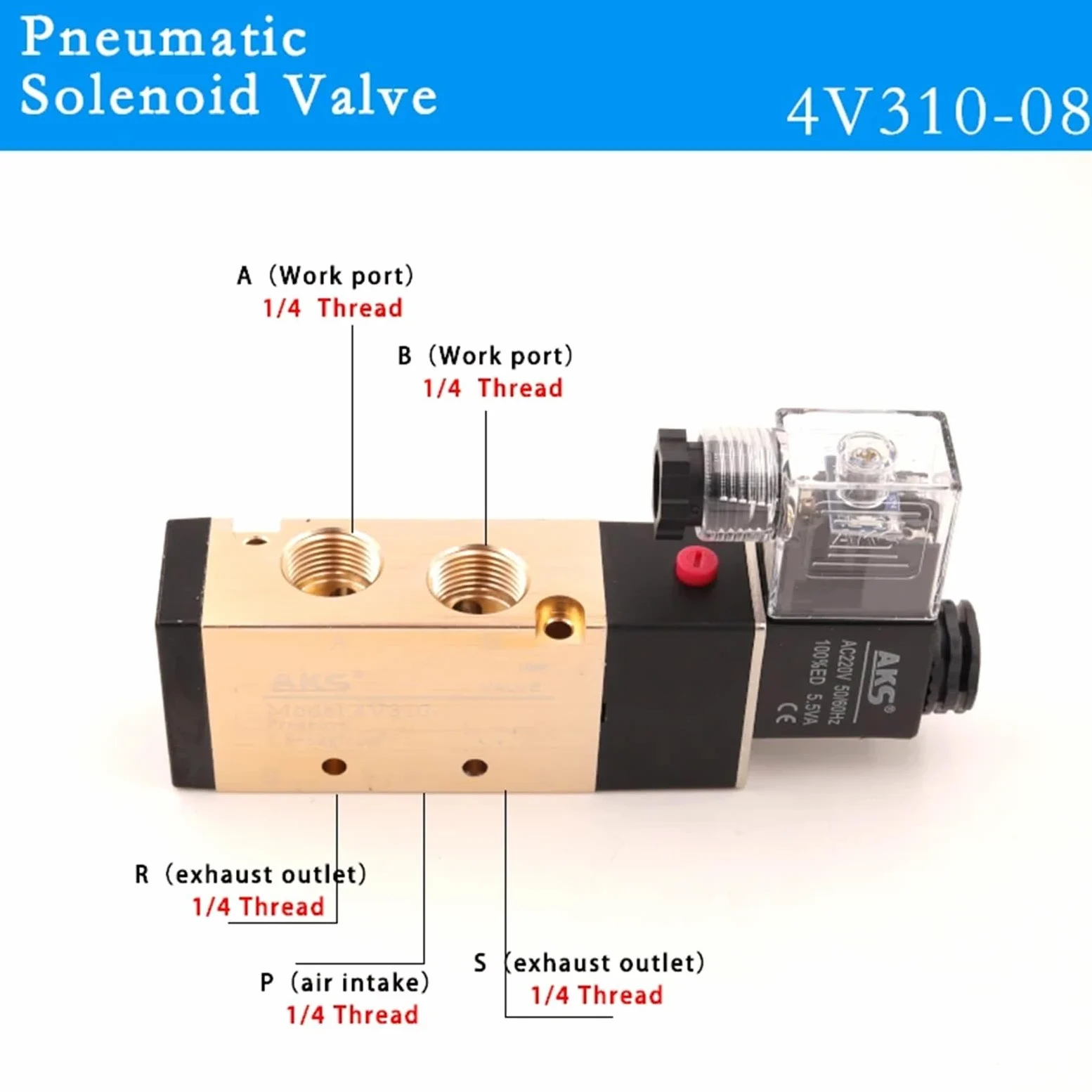 Electroválvula neumática 4V310-08/10, 3 vías, 2 Posiciones, Control de Gas, válvula magnética Aire, CC/CA, Bobina, voltios, Accesorios Manguera(DC12V)