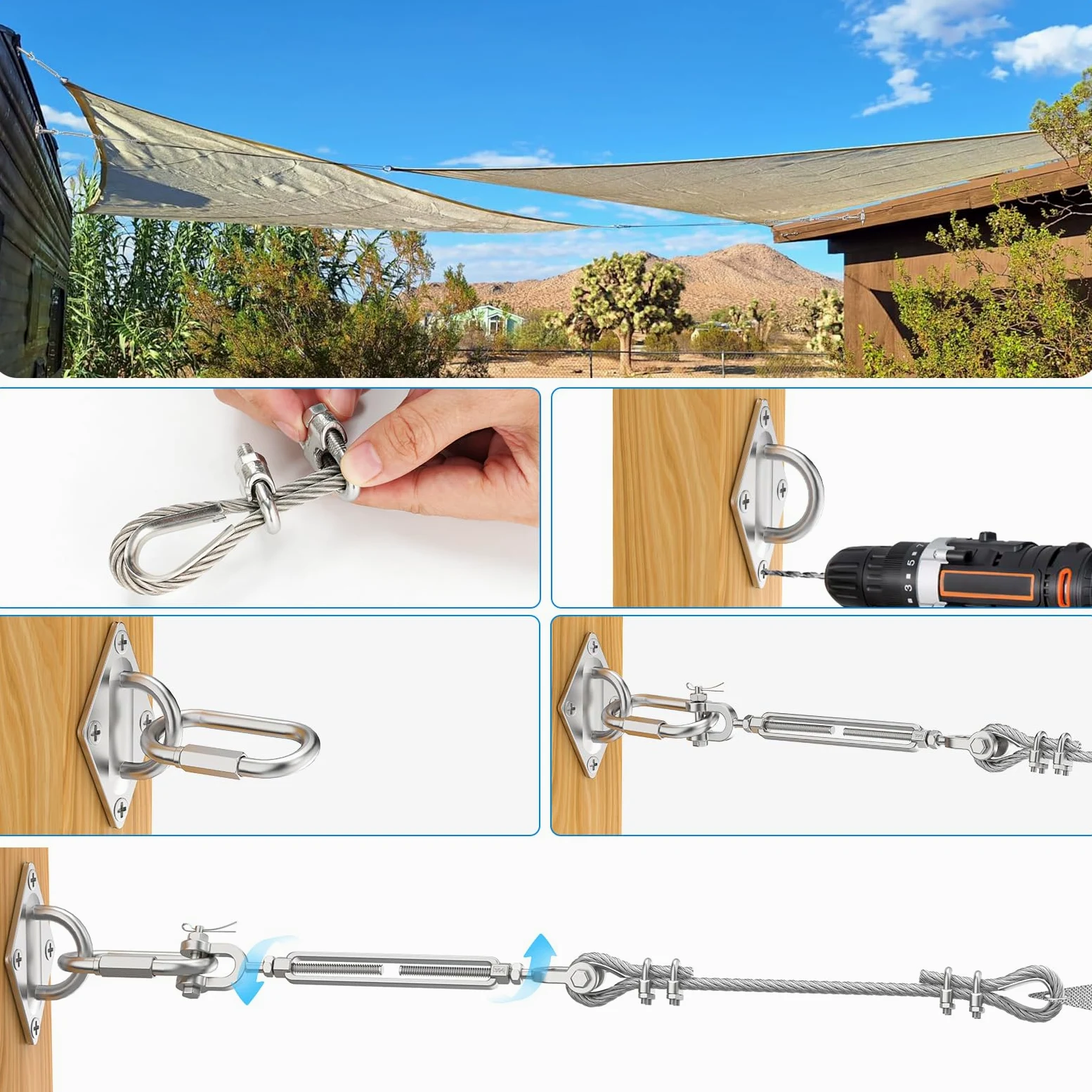Kit de cuerda de alambre de 3/16 pulgadas con cable de acero inoxidable de 100 pies, tensores de 3/16, eslabones de cadena M6 y ganchos de ojo, límite de carga de 500 libras, kit de alambre