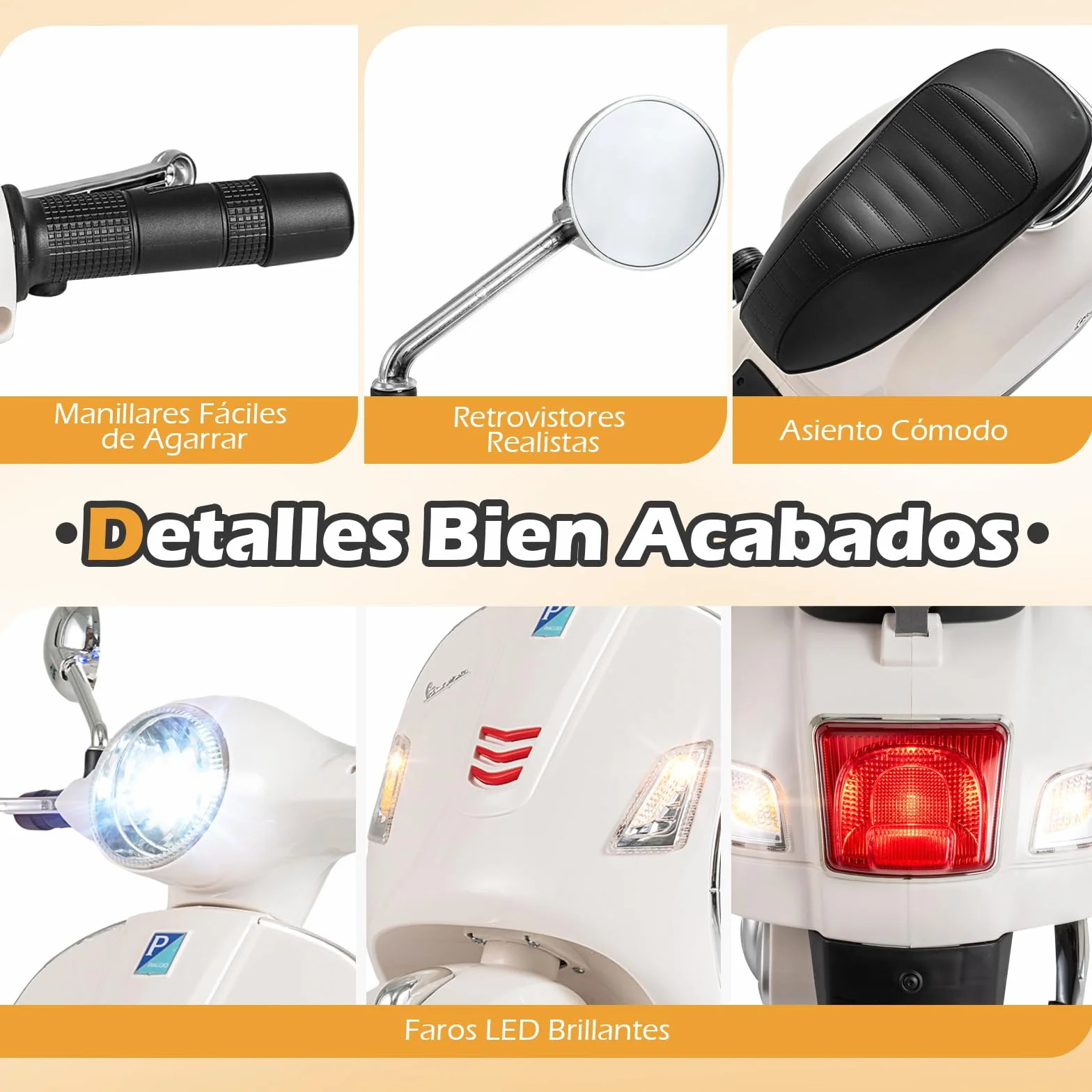 COSTWAY Moto Eléctrica para Niños Vespa 12V, 4 Ruedas, Música, Bocina, Faros, Motocicleta Infantil con Motor Doble, 3-6 Años