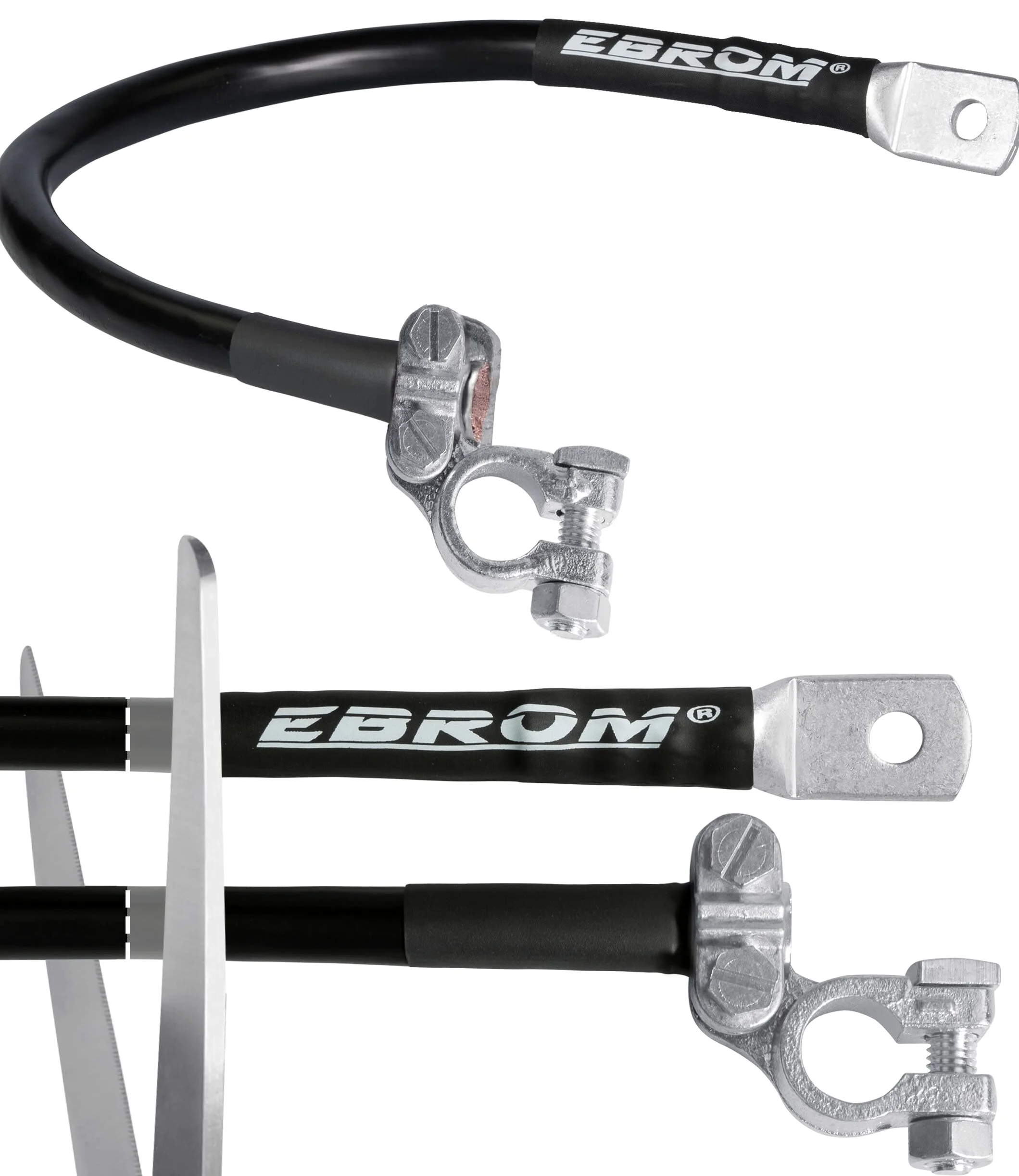 EBROM - Cable de batería, cable de tierra con borne (-) conector izquierdo, 35 mm2 negro, ya confeccionado + tubo termorretráctil, muchas longitudes, ojales/terminales de cable M6/M8/M10/M12/sin