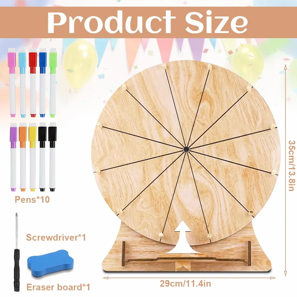 Ruleta De La Suerte Giratoria de Madera con 10 Rotuladores, Goma y Destornillador para Juegos de Palabras y Fiestas