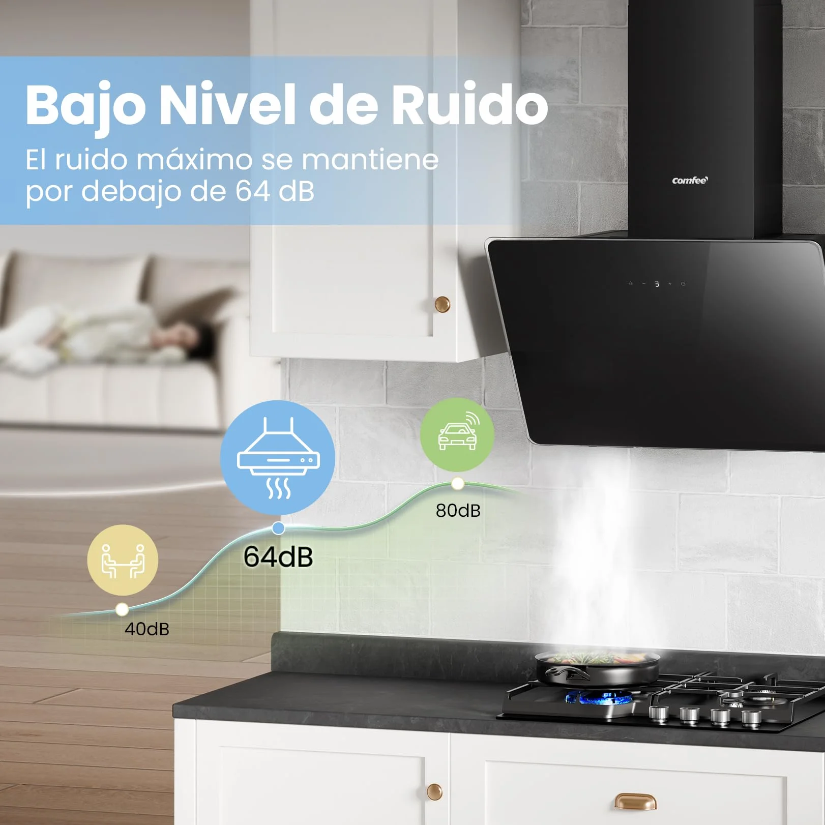 COMFEE' Campana Extractora Inclinada 60cm 400m³/h Vidrio Templado 3 Velocidades Pantalla Táctil LED Negro