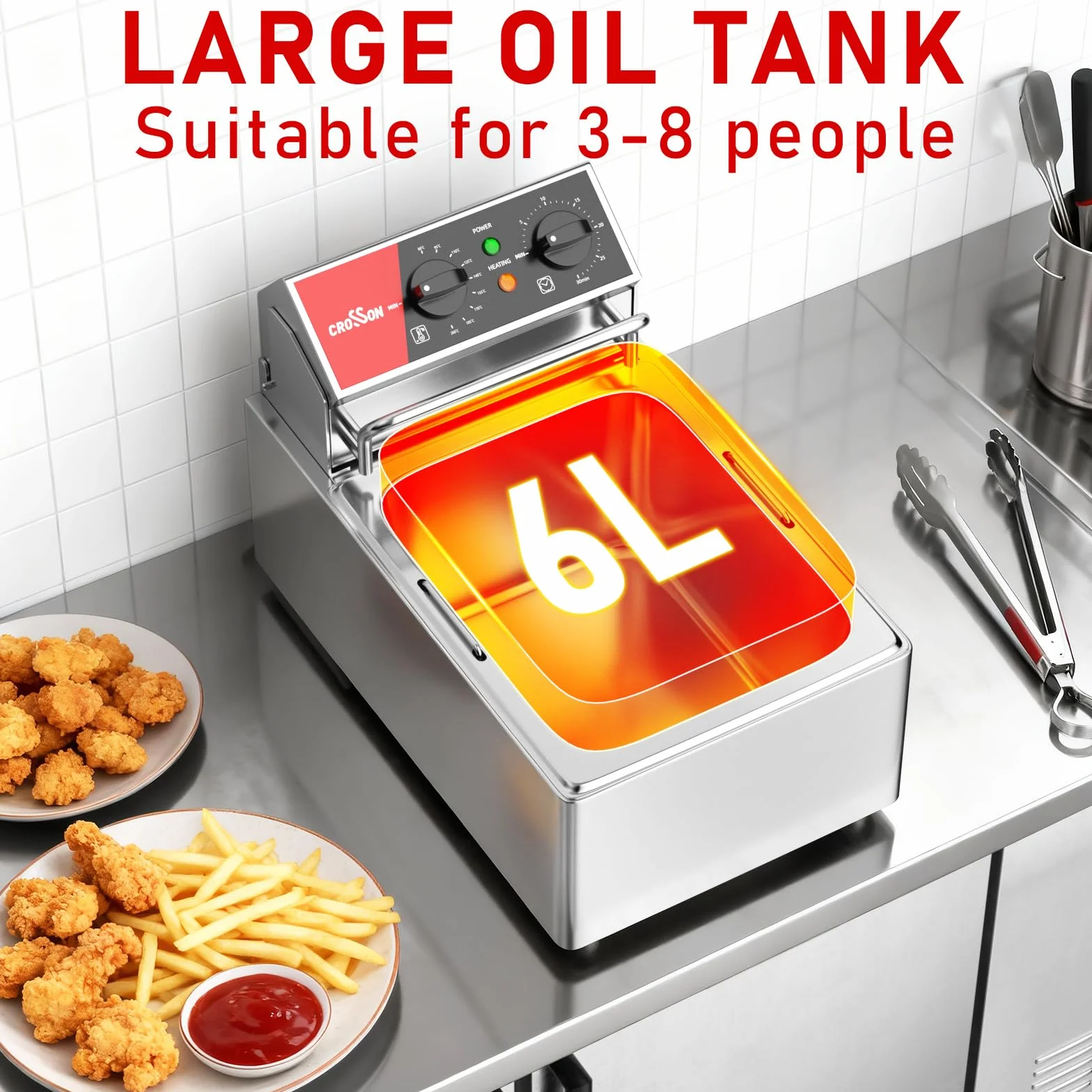 CROSSON 6L Freidora de Aceite Commercial,Freidora Eléctrica Profesional en Acero Inoxidable 3000W con Temporizador y Control de Temperatura,Cabezal de freidora oscilante