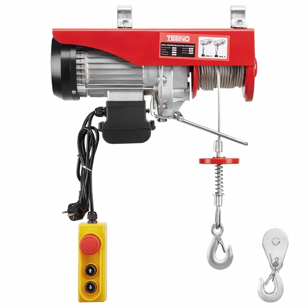 TEENO Polipasto Eléctrico Cuerda 1200 W 220V,Cabrestante Eléctrico 6m/12m de Altura de Elevación,Capacidad de carga 300-600 kg,Almacenes, Elevación de Mercancías,Rojo