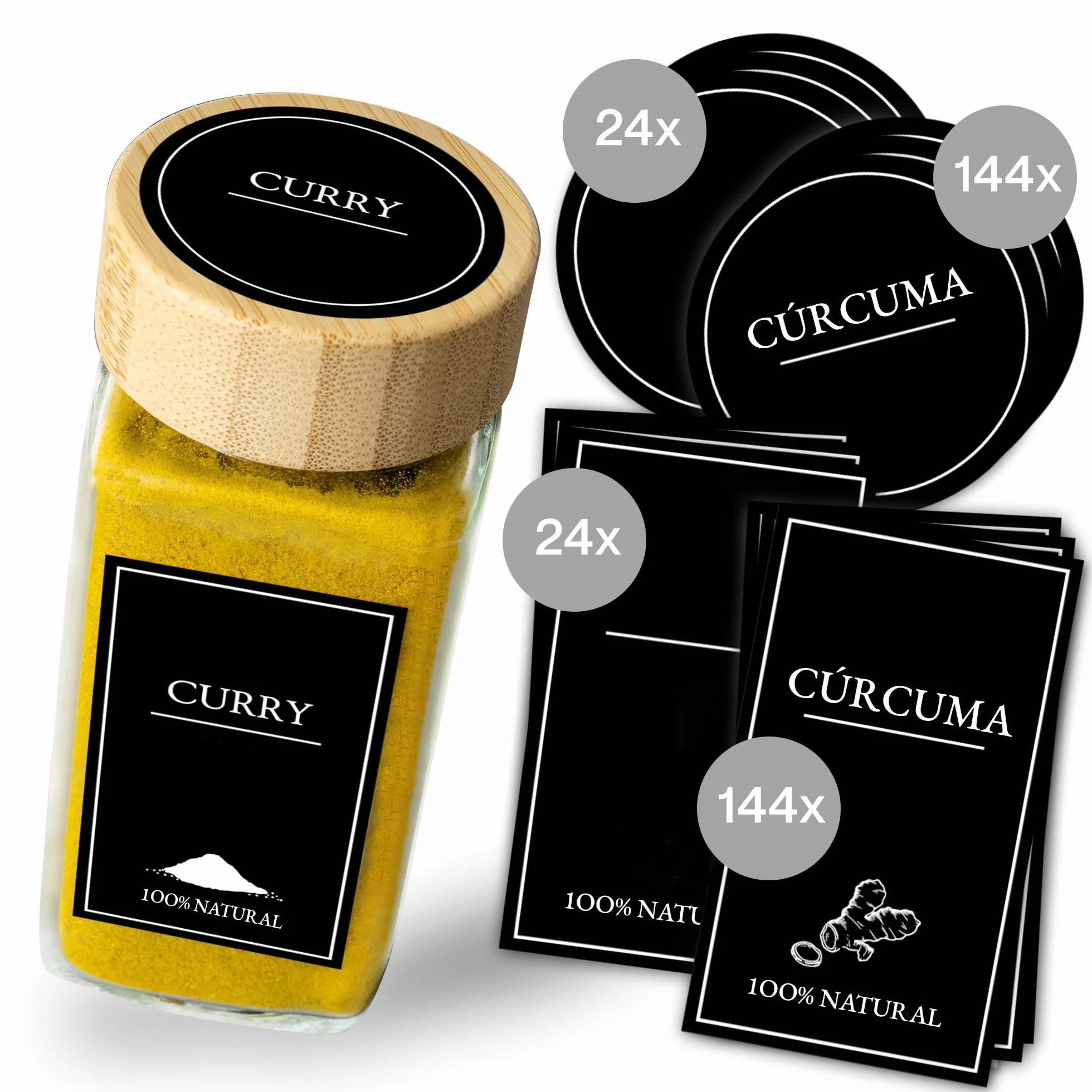 Etiquetas de Especias en Español Negro – Juego de 336 Etiquetas Adhesivas Impermeables para Tarros y Botes con Rotulador Blanco