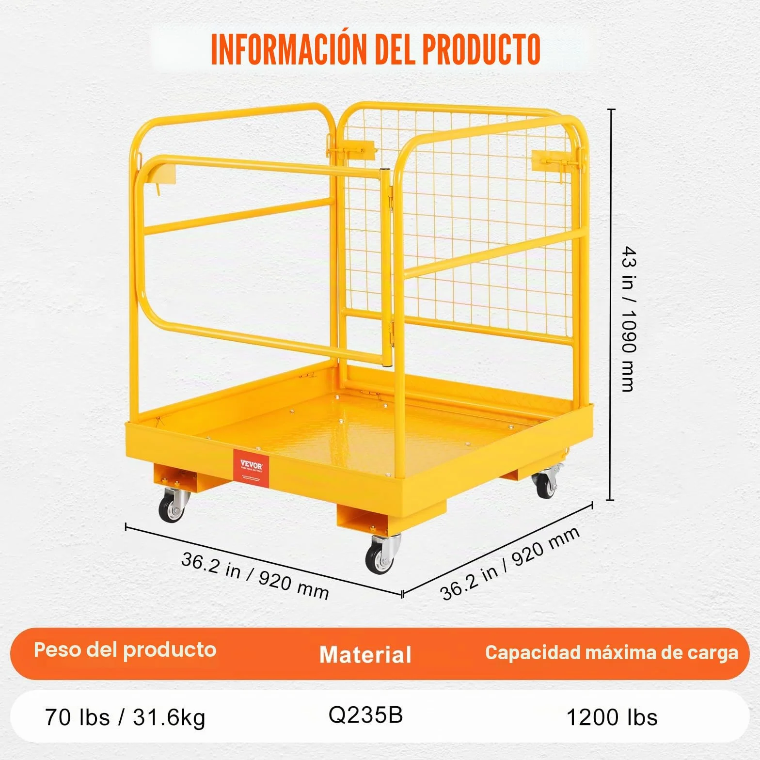 VEVOR Jaula de Seguridad Carretilla Elevadora Carga 544kg Plataforma de Trabajo Plegable 92x92cm 1-2 personas Ruedas Giratorias Bloqueables Cadena de Drenaje con Orificio Seguridad para Trabajo Aéreo