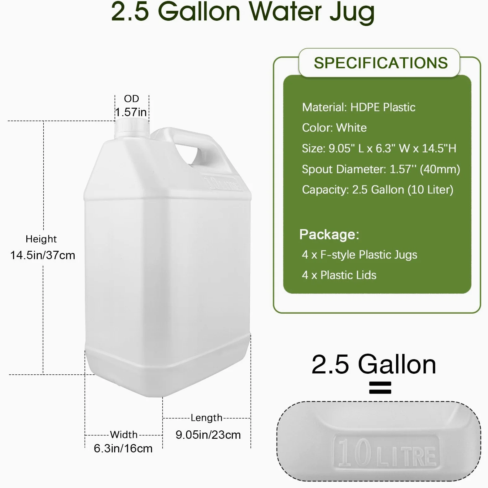 Jarra de agua de 2.5 galones, jarra de plástico estilo F, contenedores de almacenamiento de agua, contenedores de HDPE con tapa a prueba de fugas (paquete de 4)