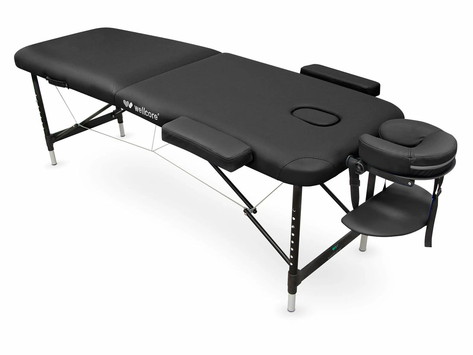 QUIRUMED Camilla Plegable de Aluminio WELLCORE, 185 x 60 cm, Altura Regulable, con Reposabrazos y Bolsa de Transporte, Color Negro